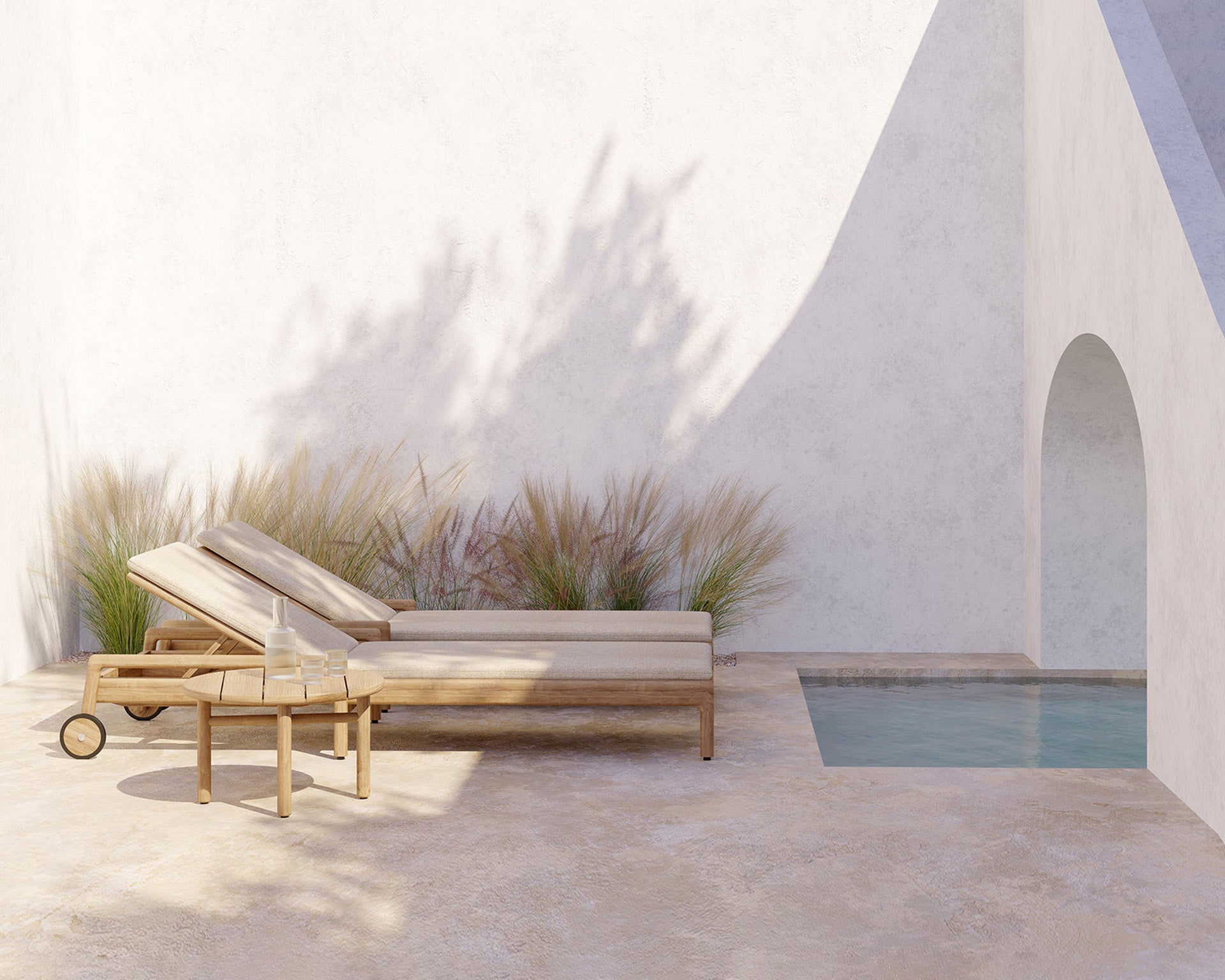 Teak-Jack-outdoor-lounger-cushion-natural-Teak-quatro-side-table-Goode-Studio