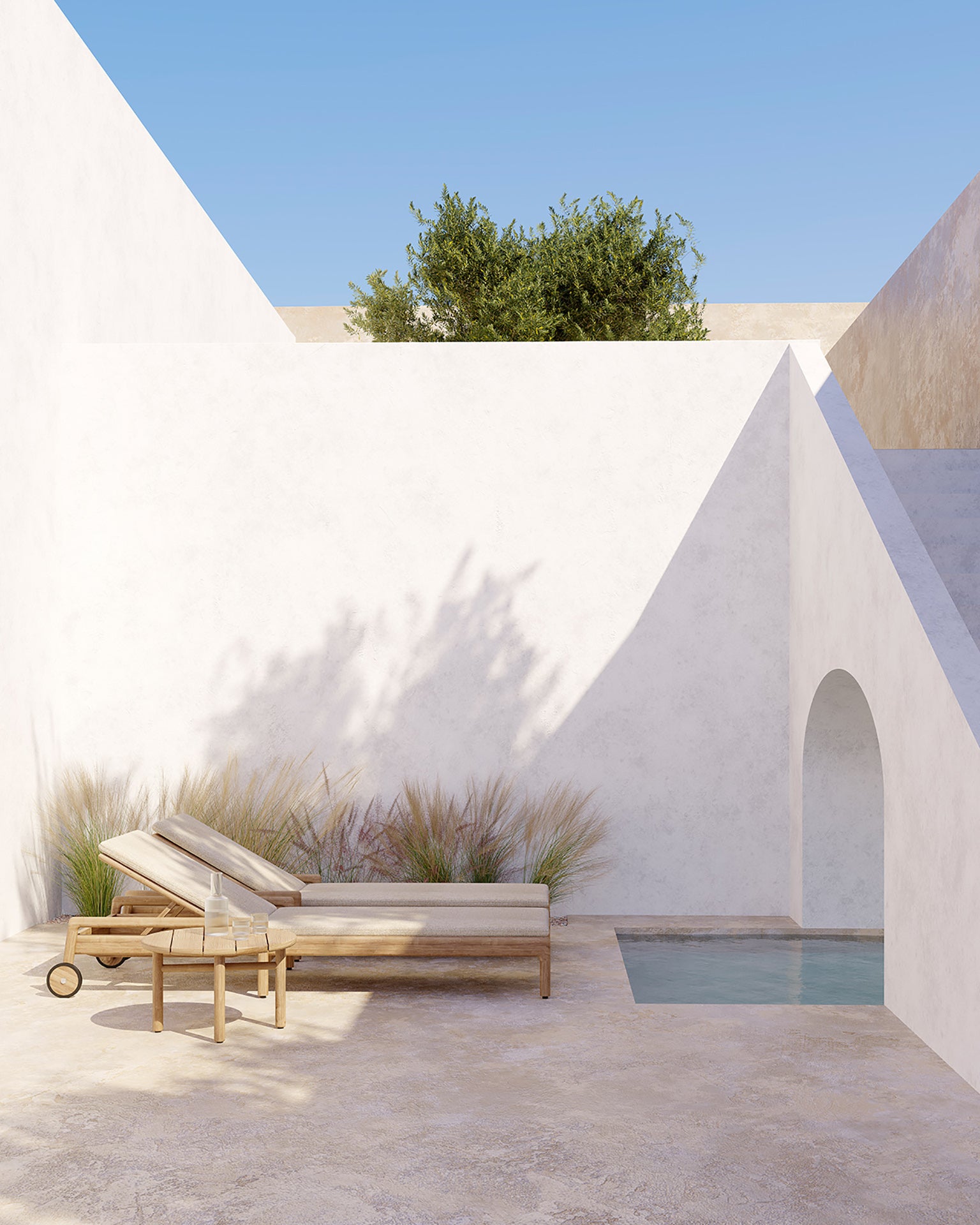 Teak-Jack-outdoor-lounger-cushion-natural-Teak-quatro-side-table-Goode-Studio