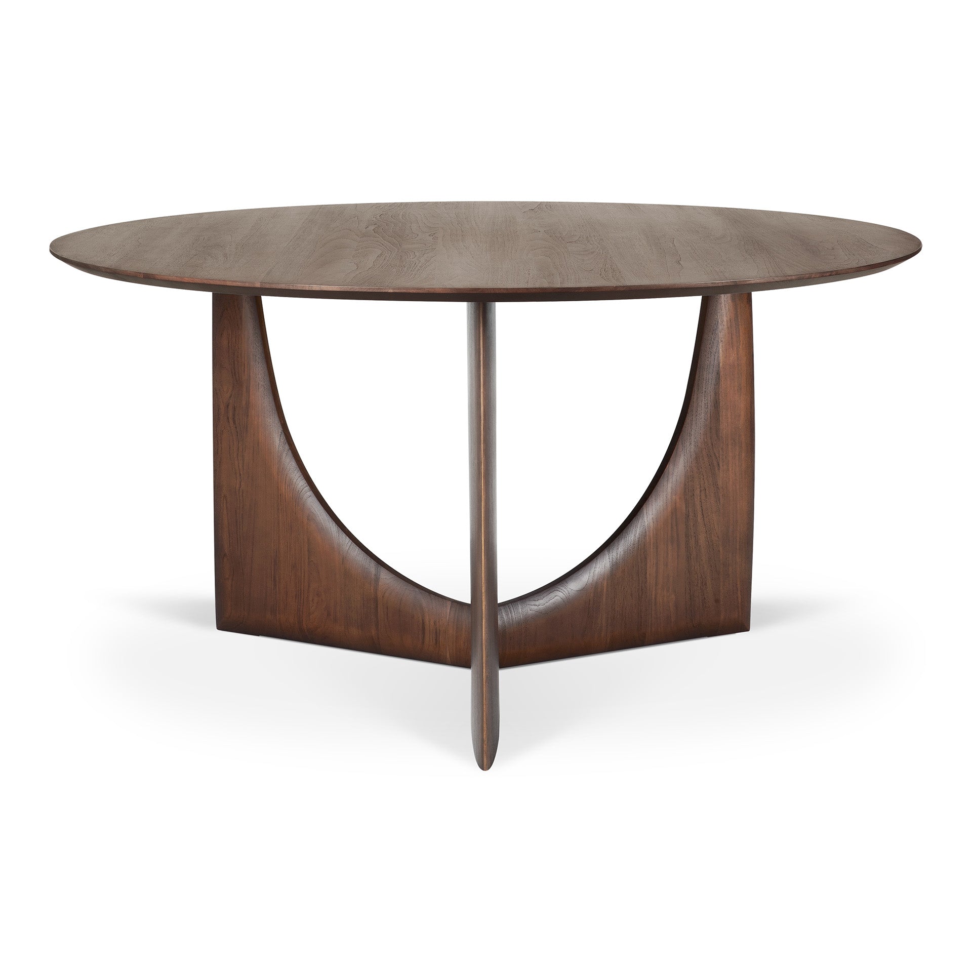 Geometric-dining-table-varnished-teak-brown-round-front-cut-Goode-Studio