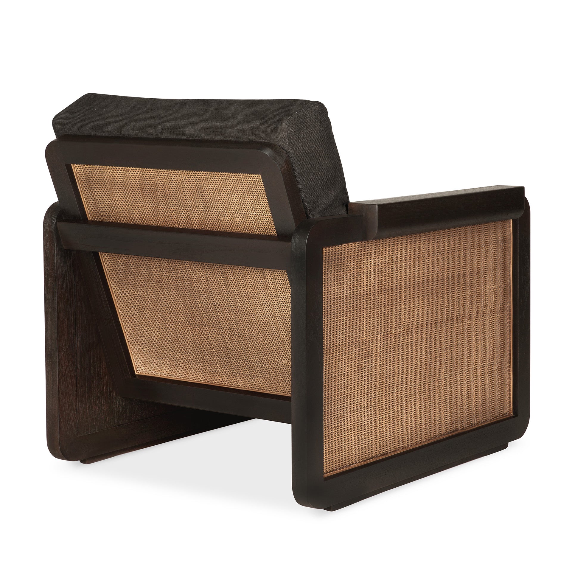 Panel-lounge-chair-varnished-teak-Dark-Brown-rattan-roasted-Grey-Linen-fabric-back-cut-Goode-Studio