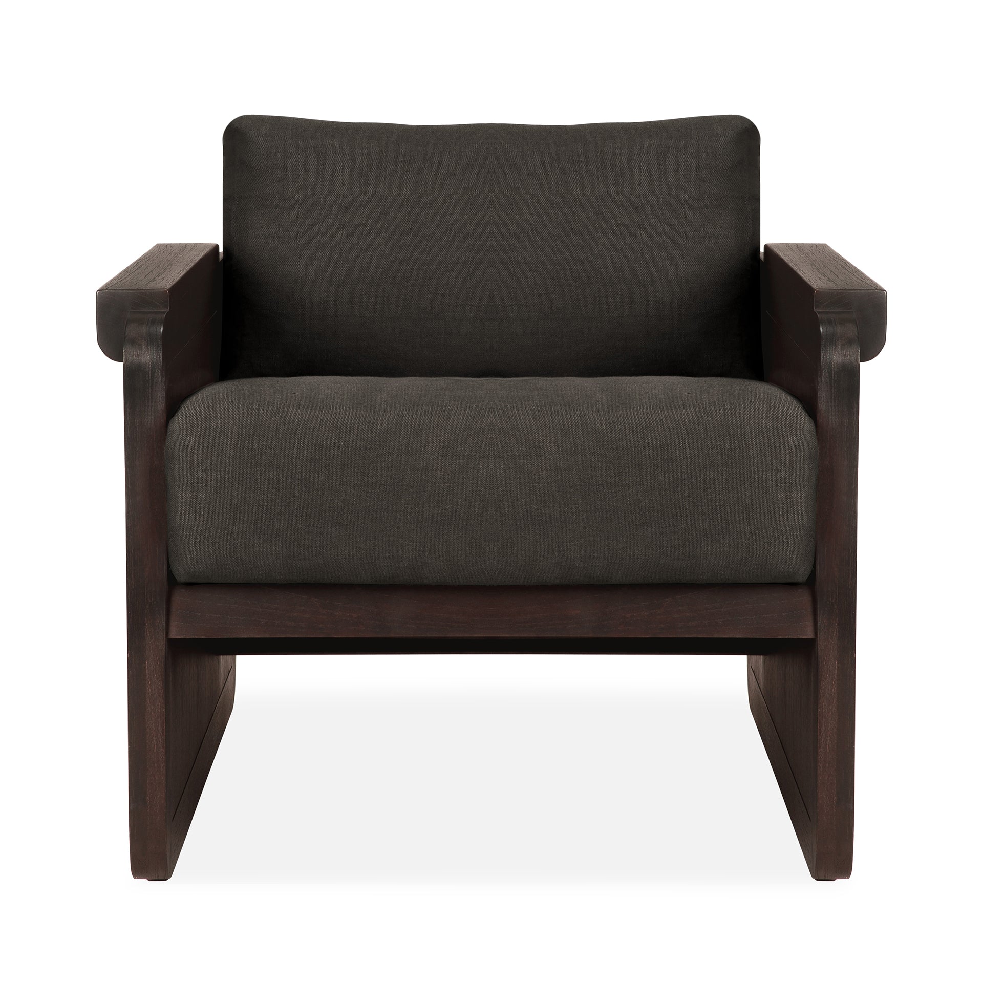 Panel-lounge-chair-varnished-teak-Dark-Brown-rattan-roasted-Grey-Linen-fabric-front-cut-Goode-Studio