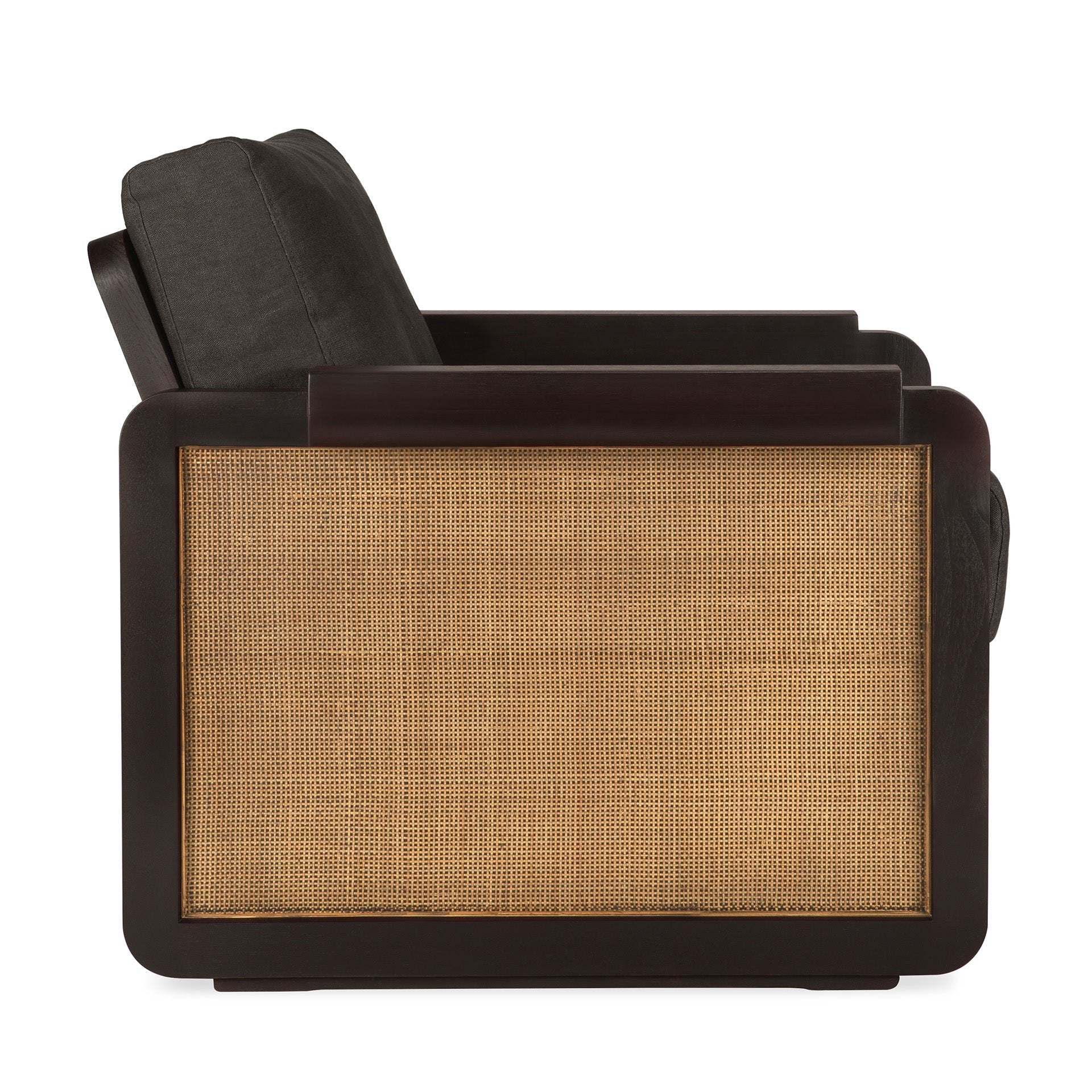 Panel-lounge-chair-varnished-teak-Dark-Brown-rattan-roasted-Grey-Linen-fabric-profile-cut-Goode-Studio