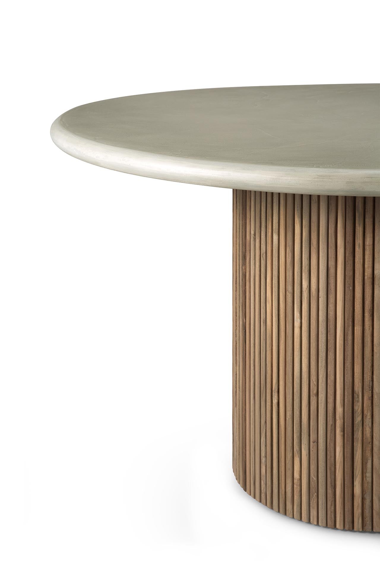 Roller-Max-outdoor-dining-table-concrete-top-reclaimed-teak-base-Light-Grey-round-Goode-Studio