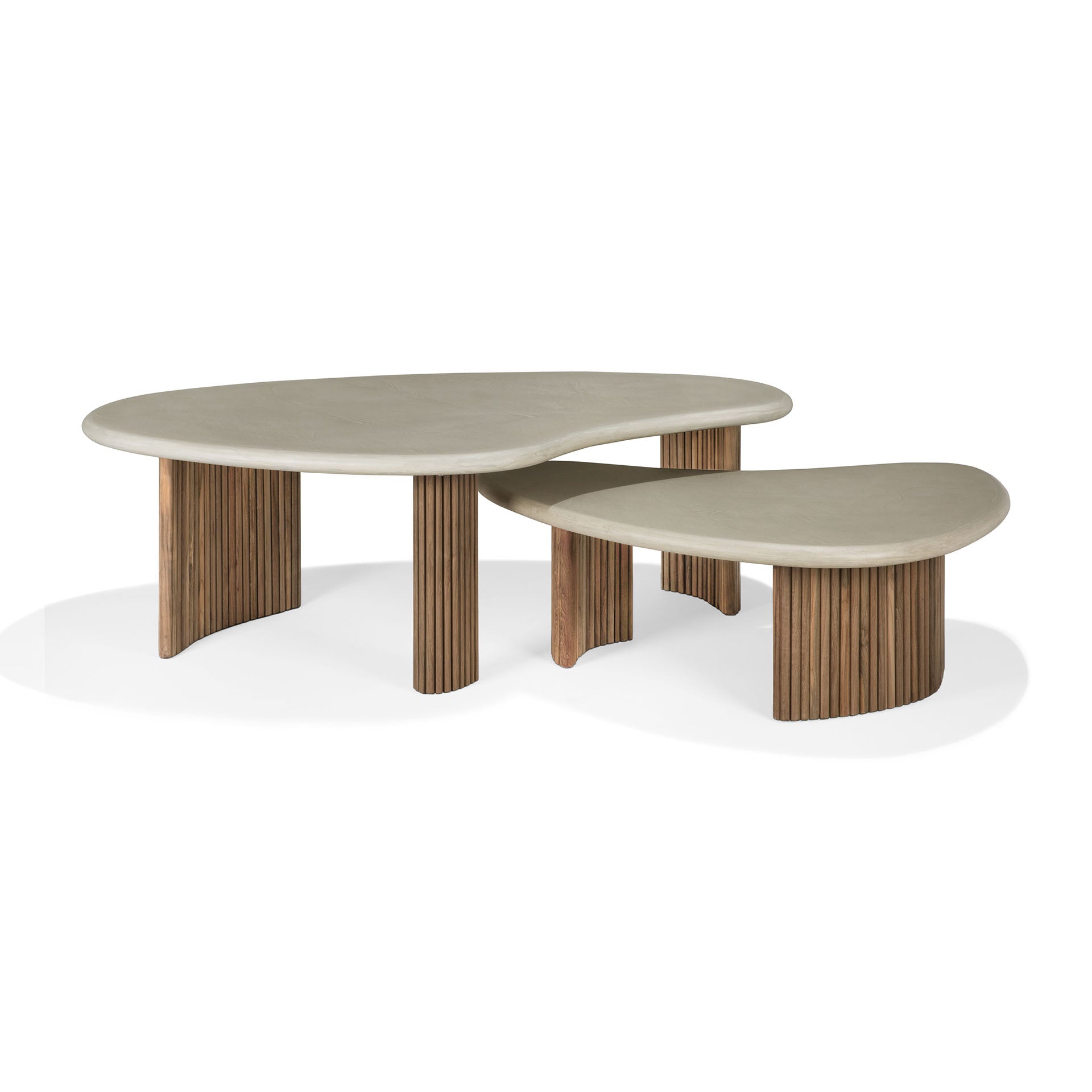 Boomerang-outdoor-coffee-table-concrete-top-reclaimed-teak-base-Light-Grey-pebble-shape-front-cut-Goode-Studio