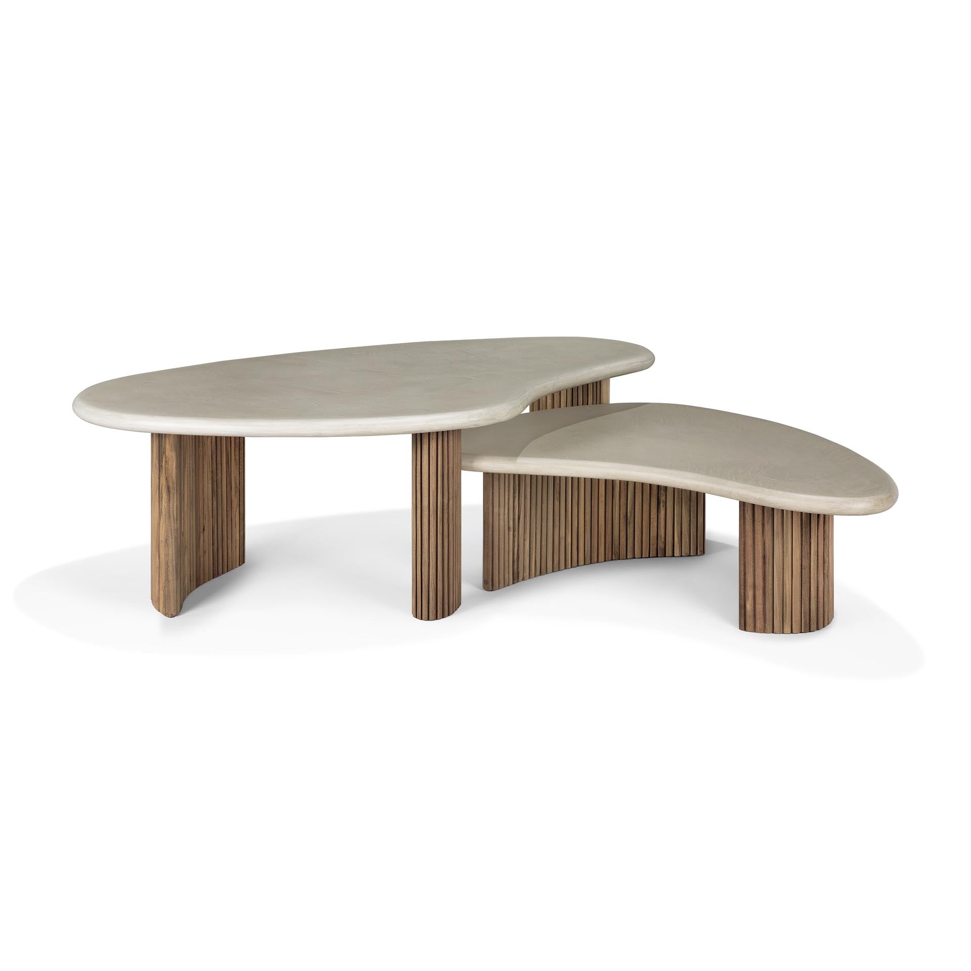 Boomerang-outdoor-coffee-table-concrete-top-reclaimed-teak-base-Light-Grey-pebble-shape-front-cut-Goode-Studio
