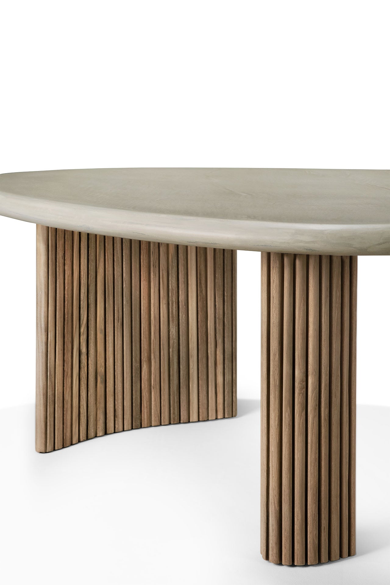 Boomerang-outdoor-coffee-table-concrete-top-reclaimed-teak-base-Light-Grey-pebble-shape-cut-Goode-Studio