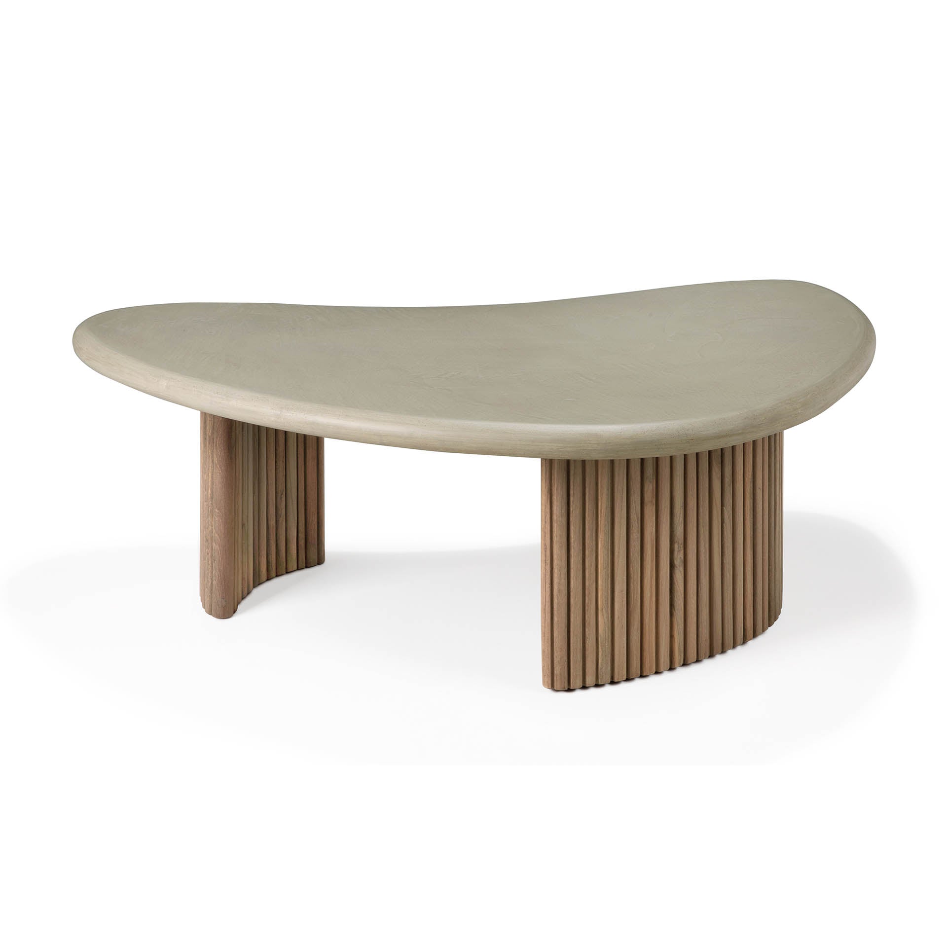 Boomerang-outdoor-coffee-table-concrete-top-reclaimed-teak-base-Light-Grey-pebble-shape-profile-cut-Goode-Studio