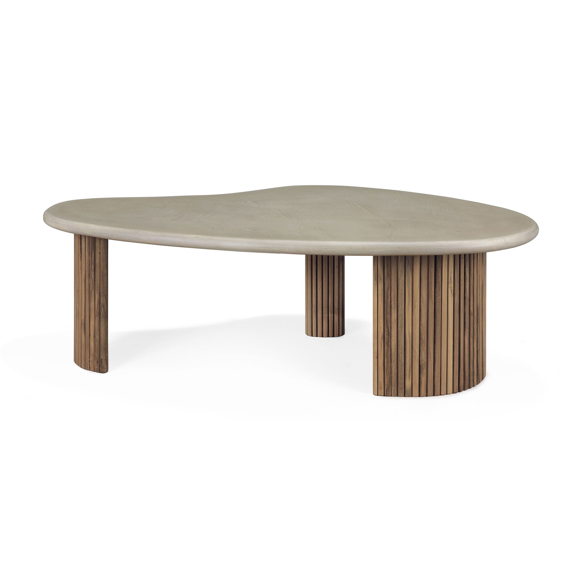 Boomerang-outdoor-coffee-table-concrete-top-reclaimed-teak-base-Light-Grey-pebble-shape-back-cut-Goode-Studio