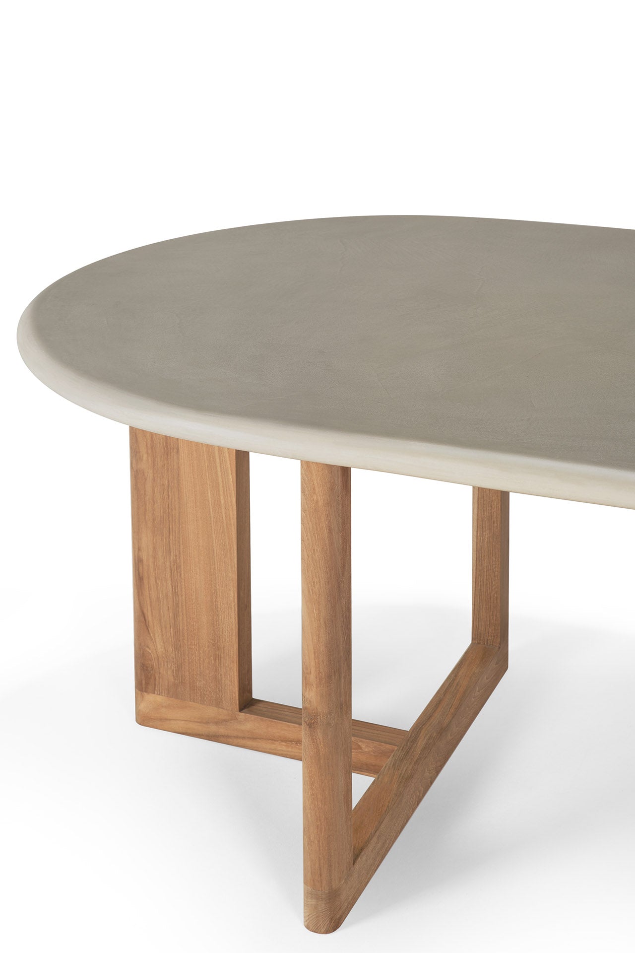 Trestle-outdoor-dining-table-concrete-top-reclaimed-teak-base-Light-Grey-oval-cut-Goode-Studio