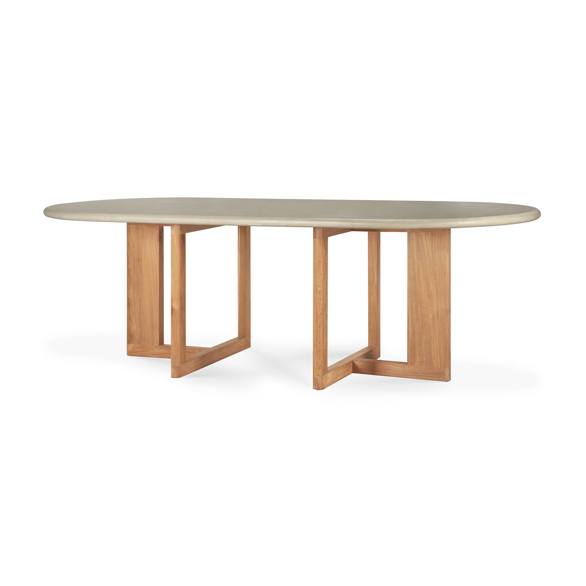 Trestle-outdoor-dining-table-concrete-top-reclaimed-teak-base-Light-Grey-oval-side-cut-Goode-Studio
