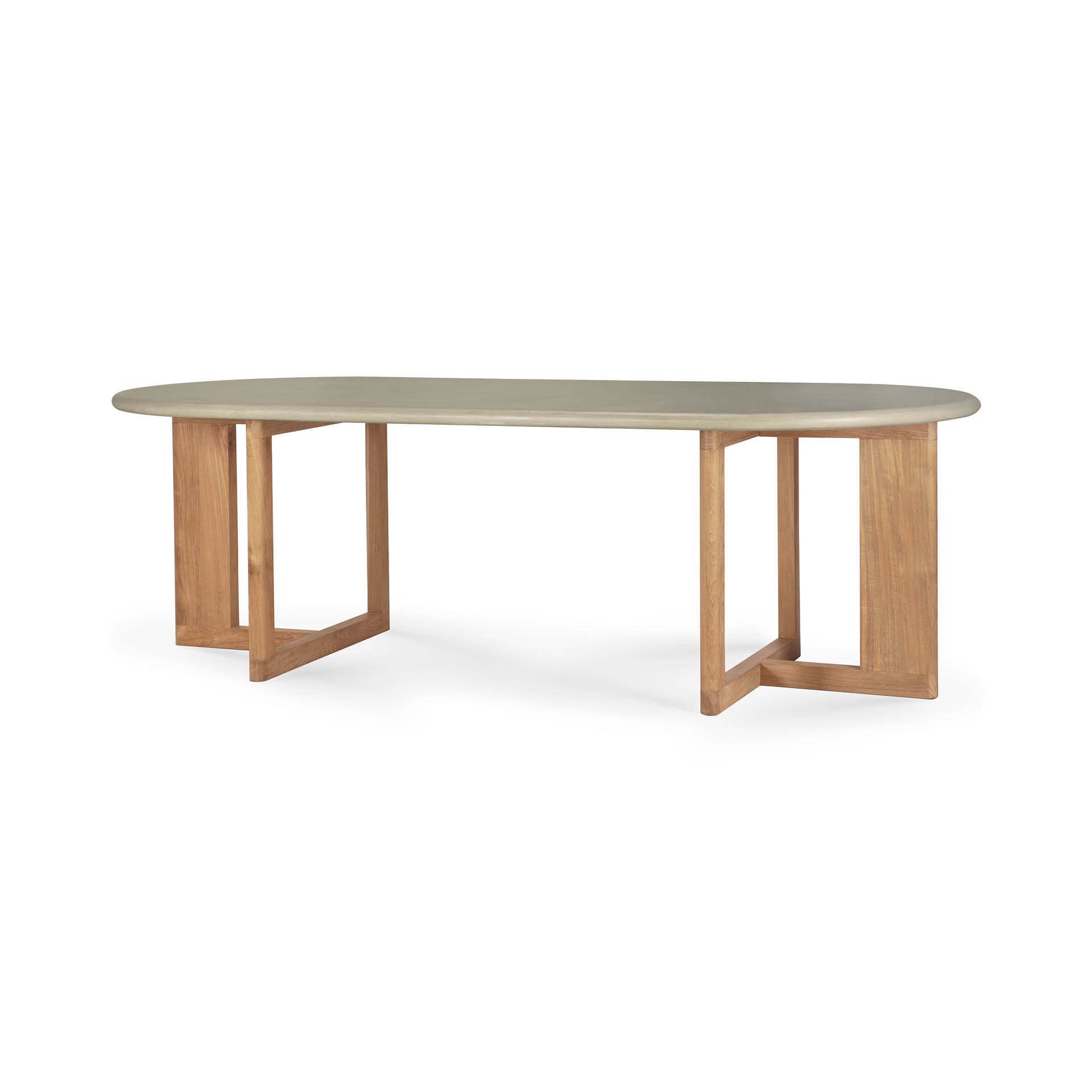 Trestle-outdoor-dining-table-concrete-top-reclaimed-teak-base-Light-Grey-oval-side-cut-Goode-Studio