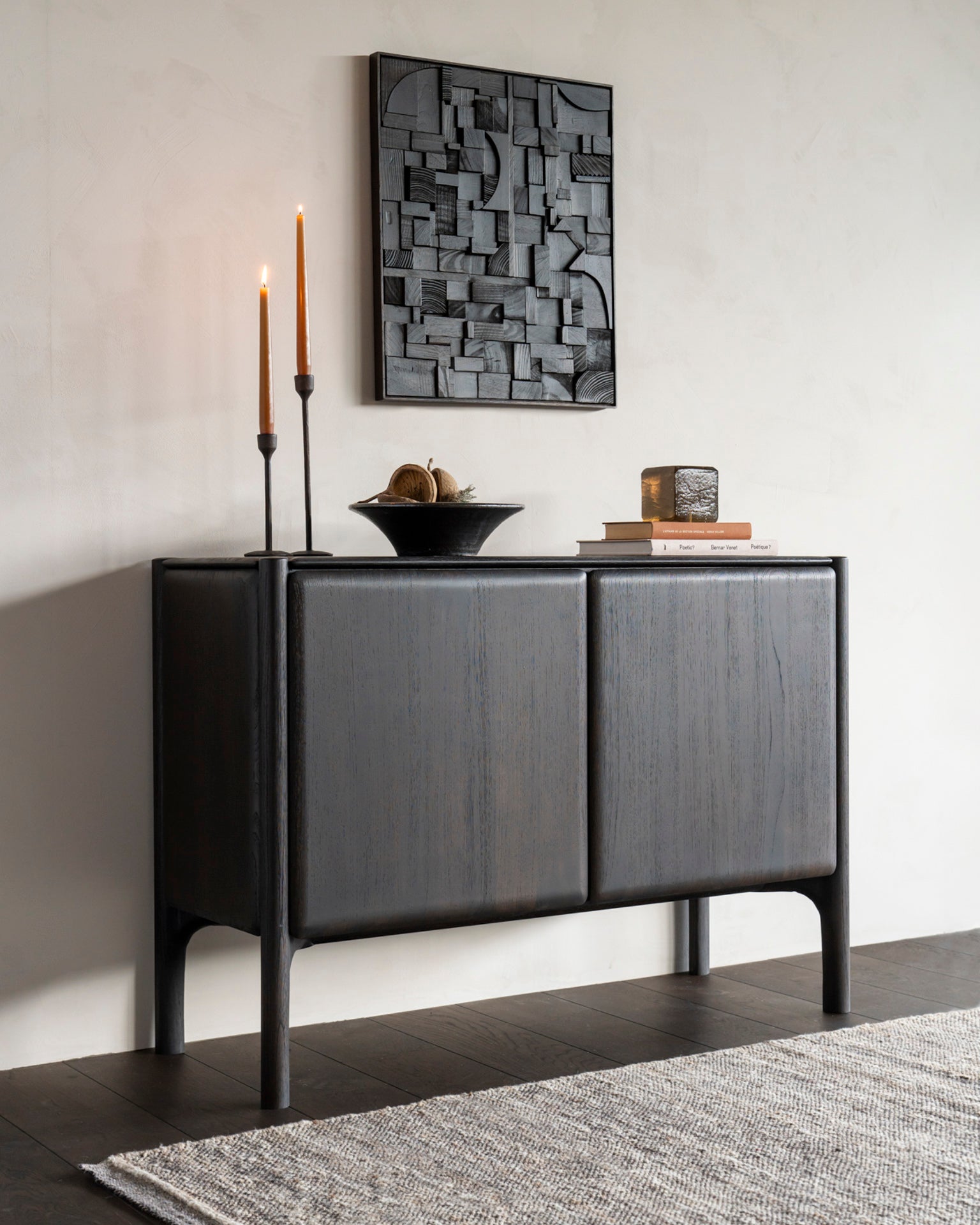 PI-sideboard-varnished-teak-dark-brown-2doors-Bricks-wall-art-rectangular-dark-brown-Goode-Studio