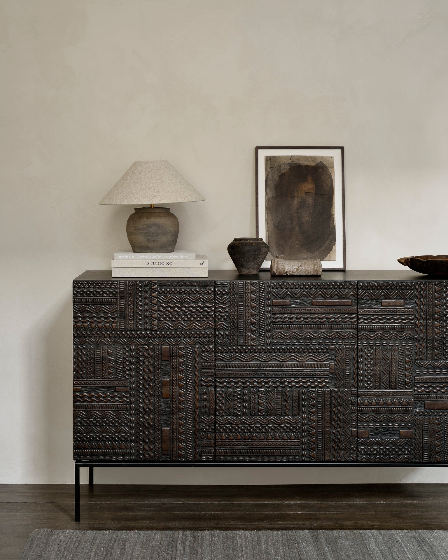 Teak-Tabwa-sideboard-Grey-Nomad-kilim-rug-Goode-Studio