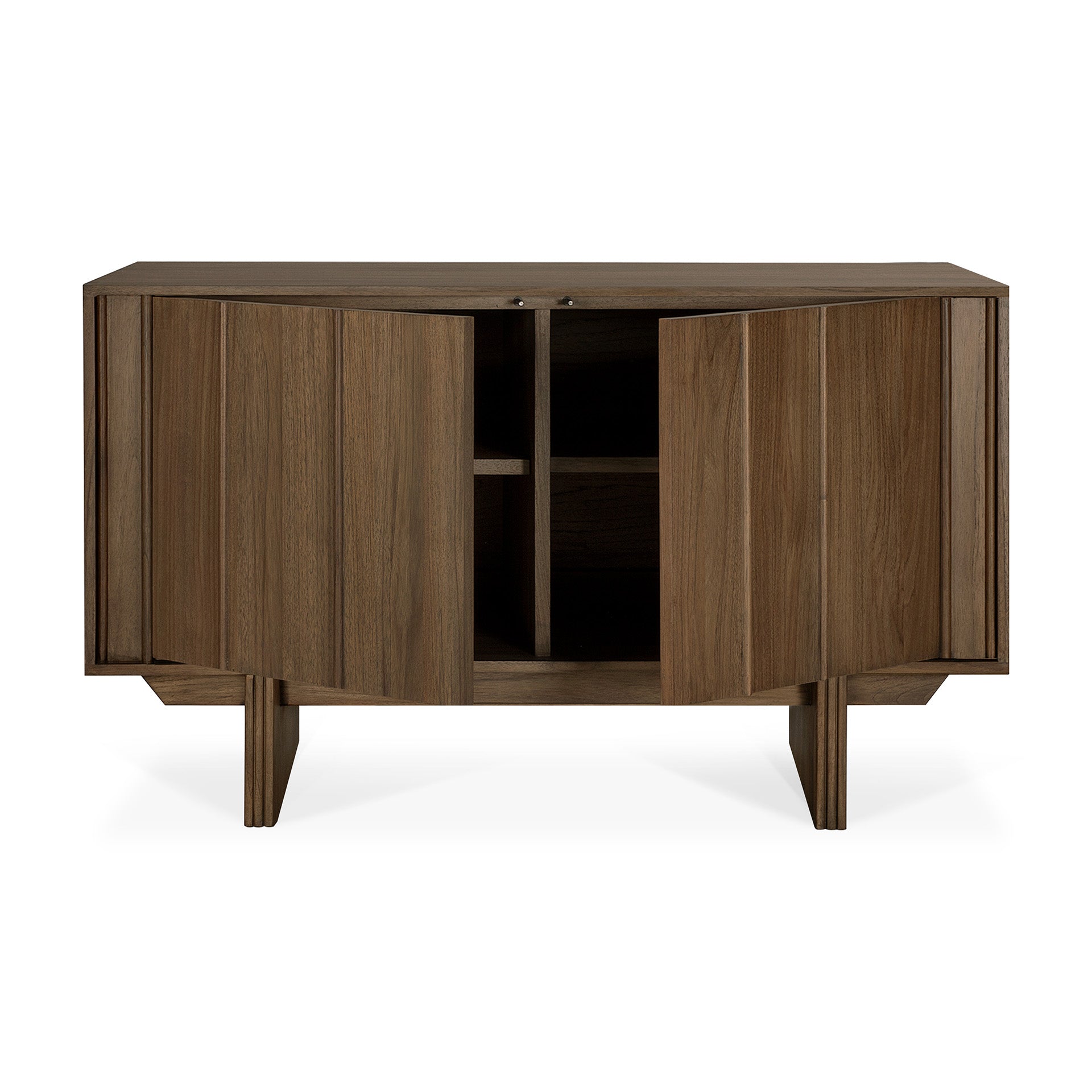 Pillar-sideboard-varnsihed-teak-Wild-Brown-2-doors-open-cut-Goode-Studio