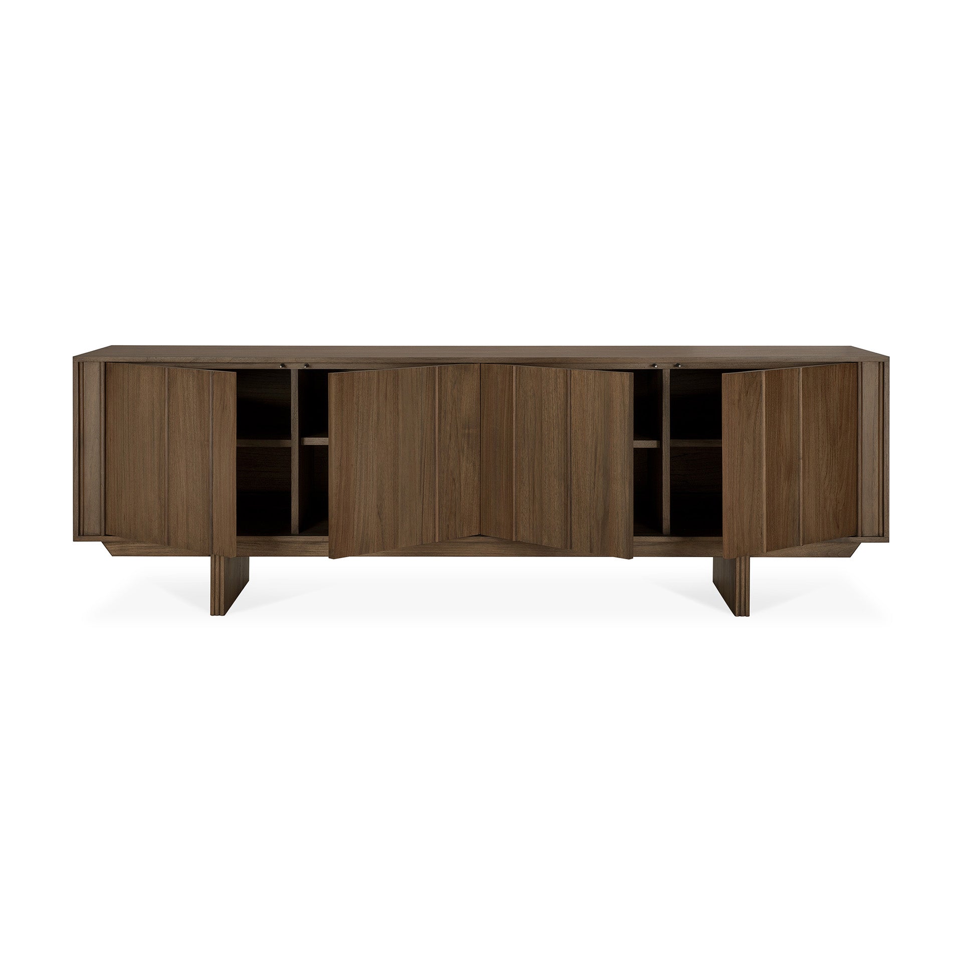 Pillar-sideboard-varnished-teak-Wild-Brown-4-doors-open-cut-Goode-Studio