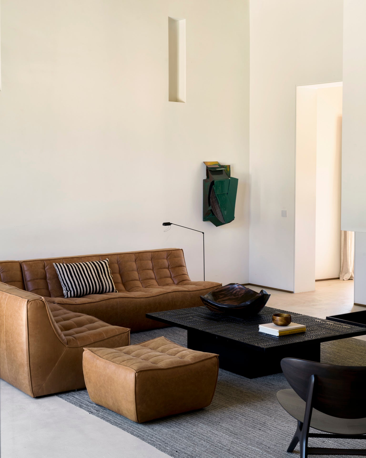 N701-footstool-2-seater-corner-3-seater-Tabwa-coffee-table-Eye-lounge-chair-Checked-kilim-rug-Goode-Studio