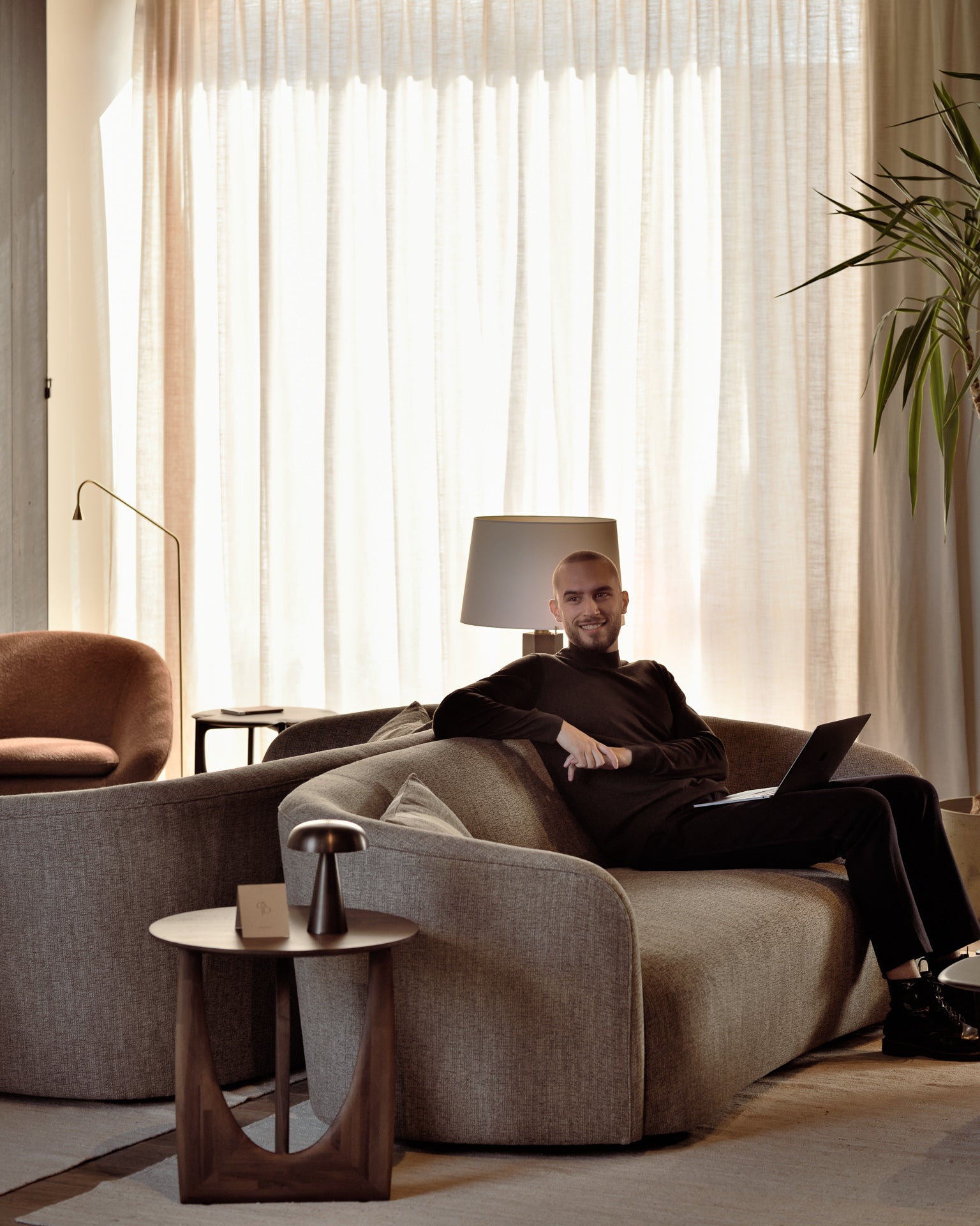 Barrow-lounge-copper-Ellipse-sofa-ash-Geometric-side-table-Nomad-kilim-rug-Goode-Studio