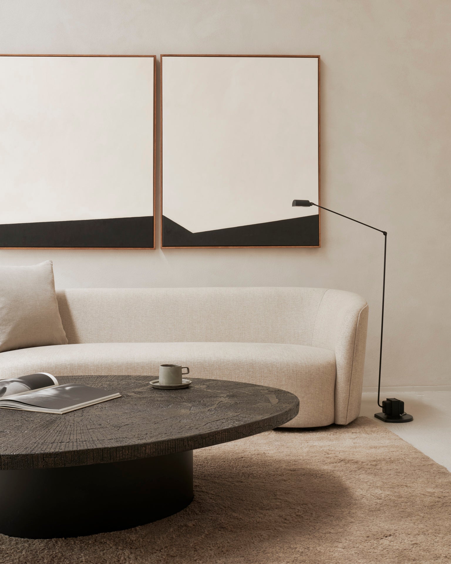 Ellipse-sofa-oatmeal-Slice-coffee-table-Dunes-rug-cumin-Abstract-cushion-Goode-Studio