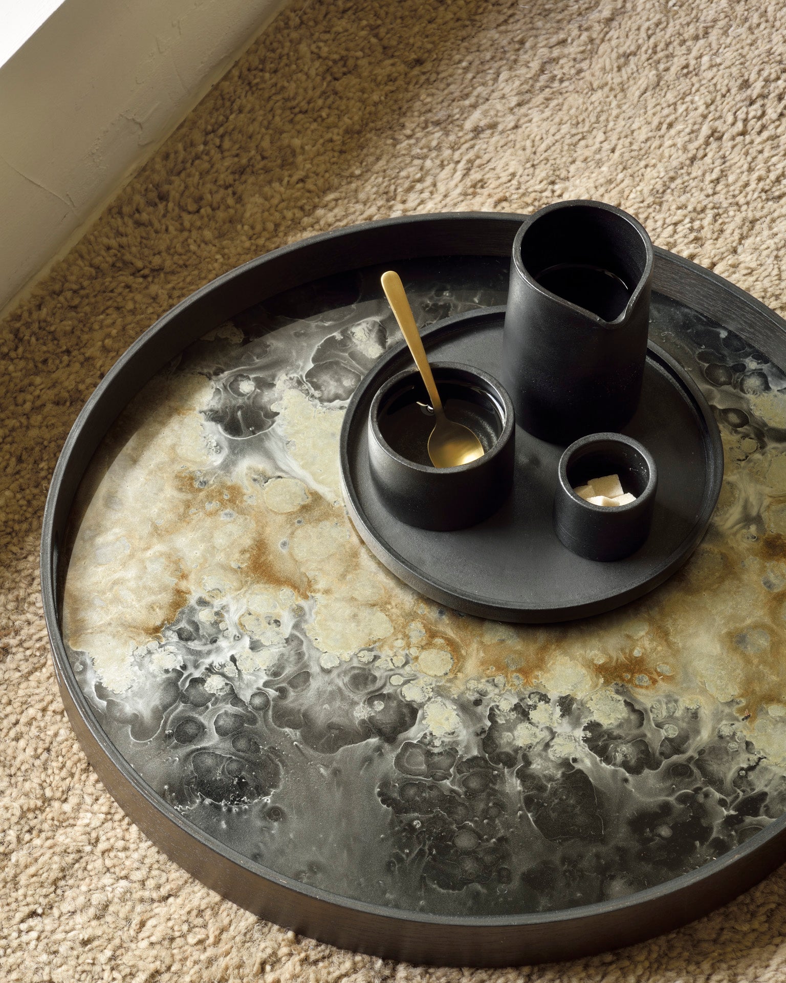 Black-organic-tray-glass-48cm-Cumin-Dunes-rug-Goode-Studio