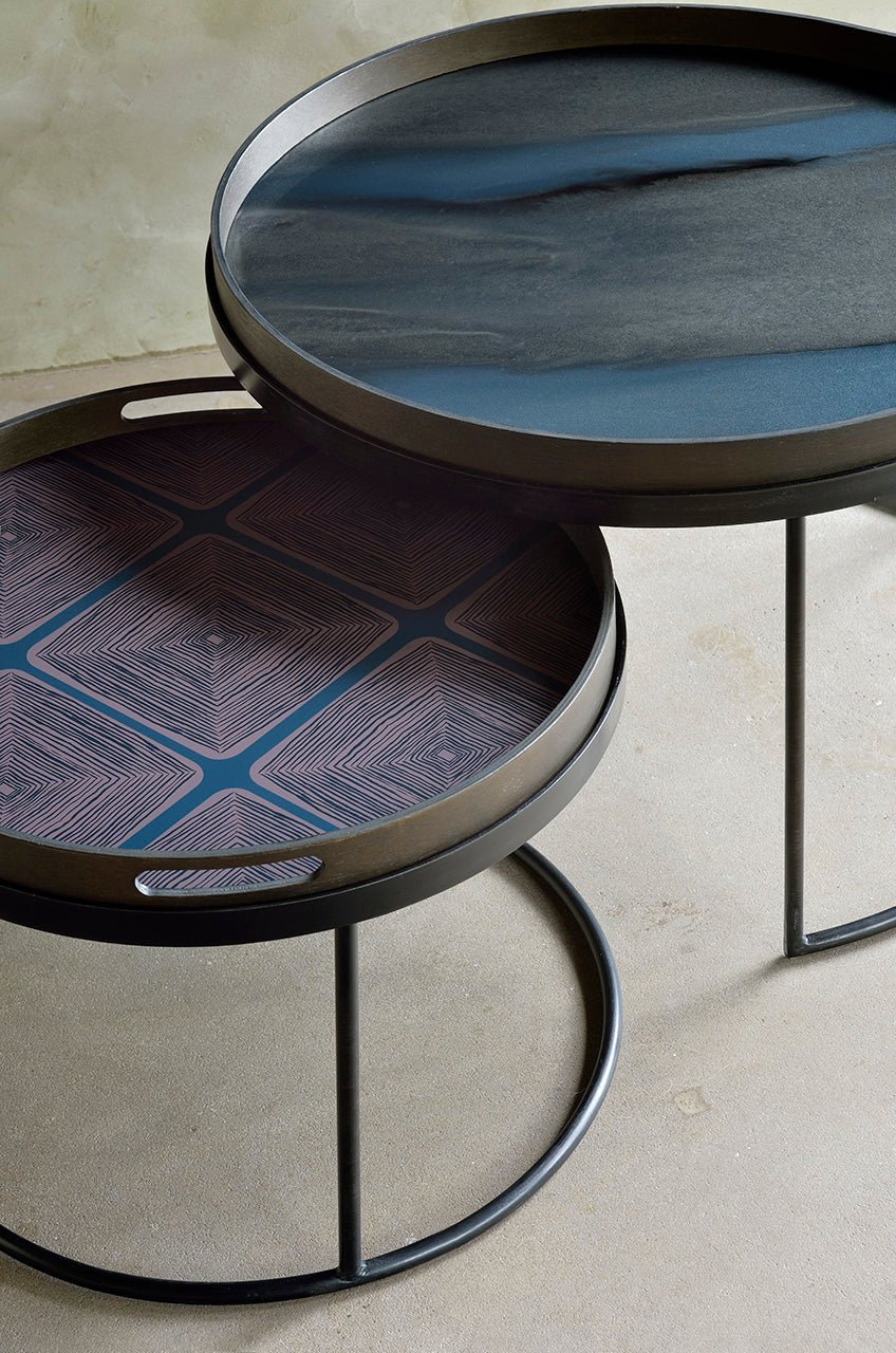 Round-tray-coffee-table-set-Midnight-linear-squares-tray-graphite-organic-tray-Goode-Studio