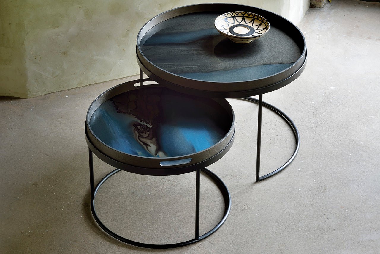 Round-tray-coffee-table-set-graphite-organic-tray-slate-organic-tray-Goode-Studio