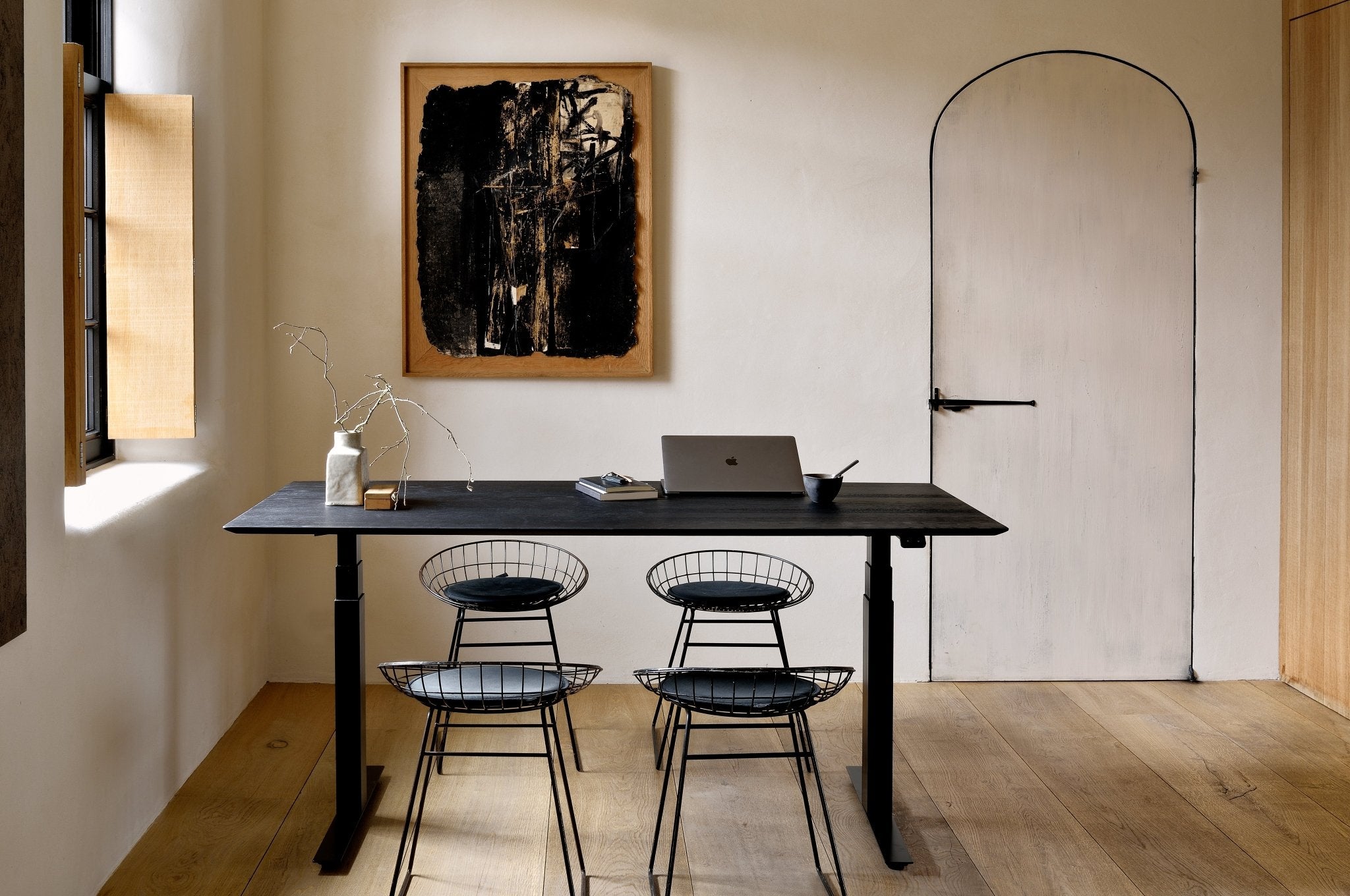 Bok Adjustable Desk, Oak Black Top, Black Base - Goode Studio