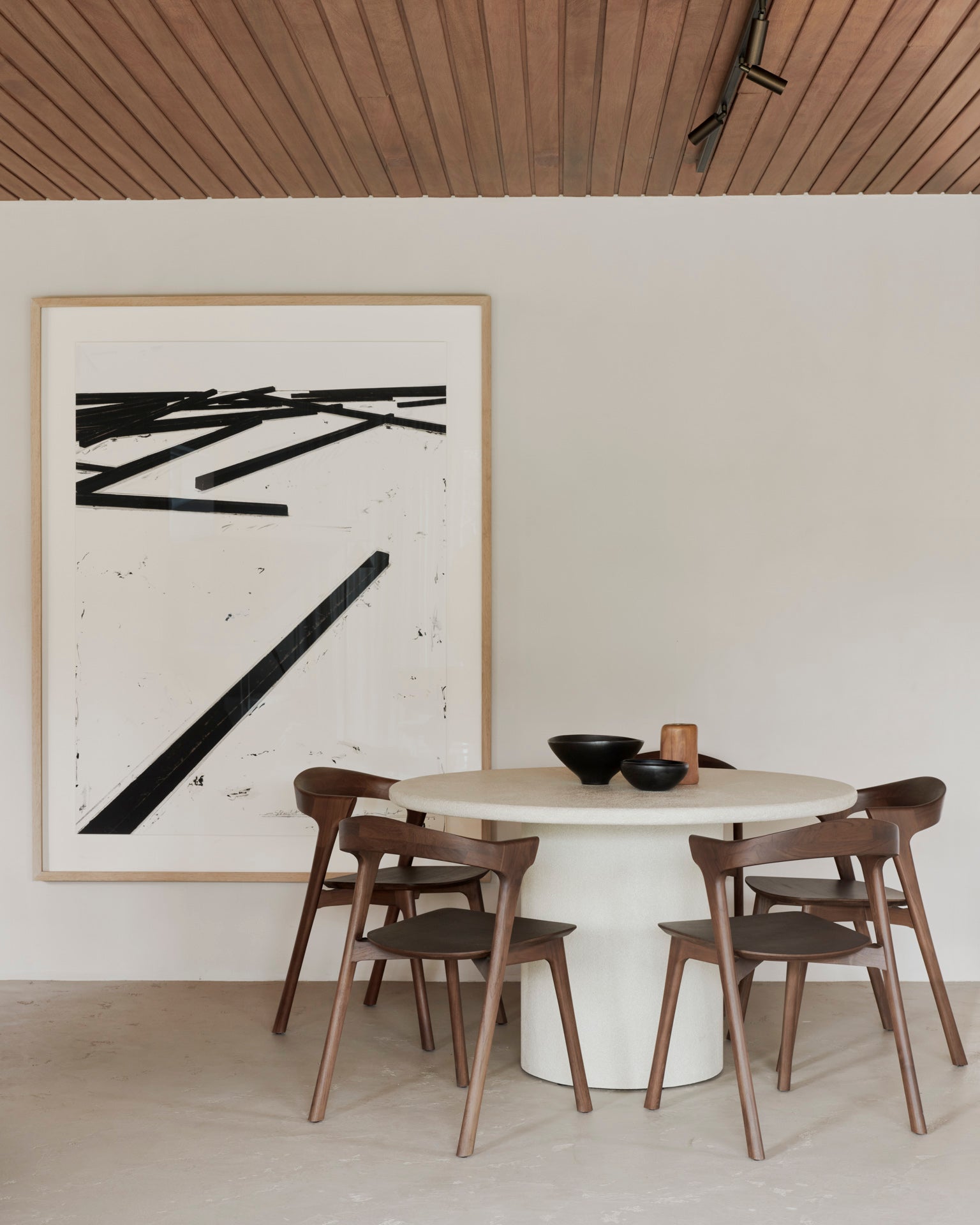 Elements-round-dining-table-off-white-round-bok-dining-chair-teak-brown-Goode-Studio