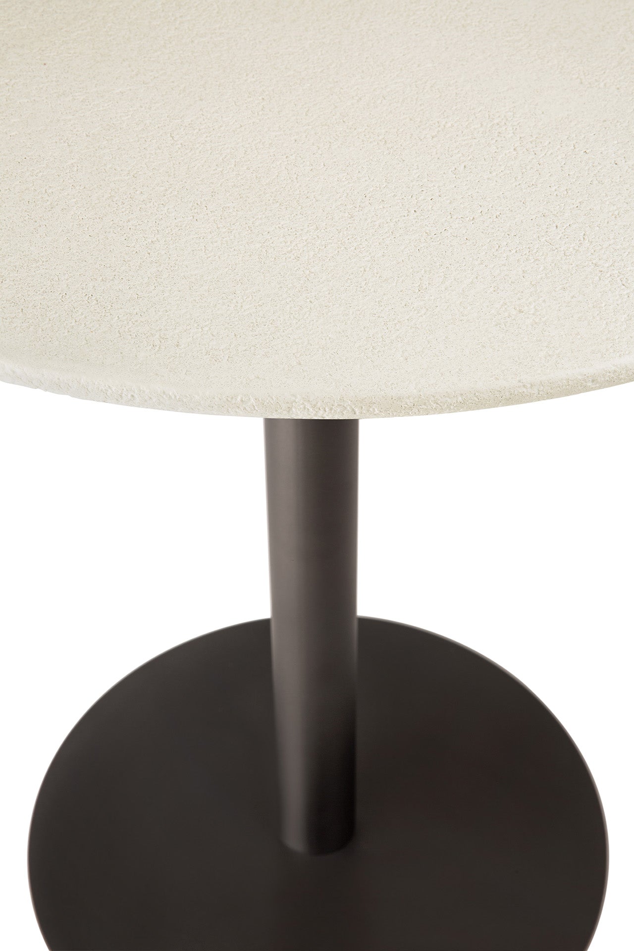 Blend-dining-table-varnished-Microcement-Off-White-top-round-with-base-metal-dark-bronze-Goode-Studio