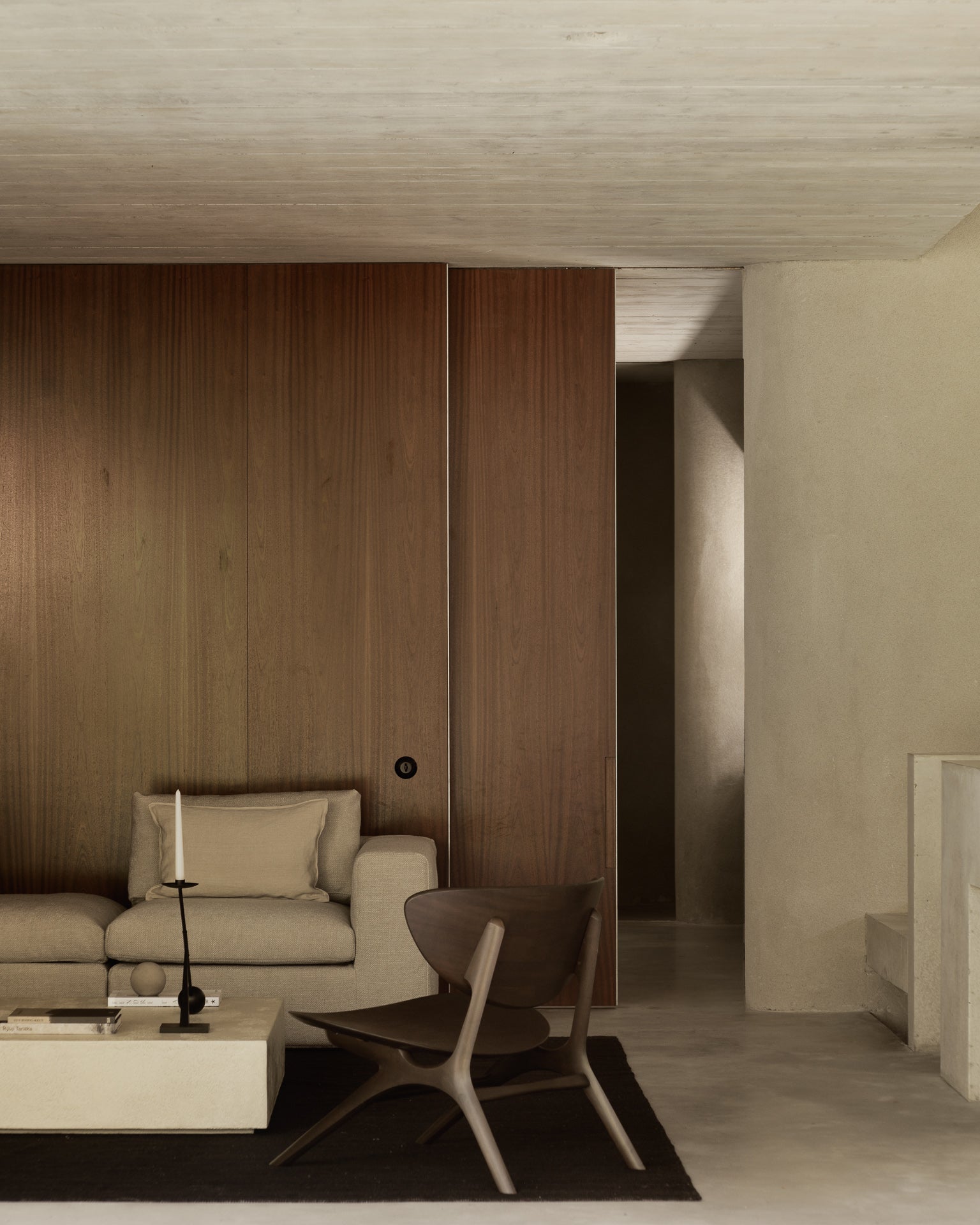 Eye-lounge-chair-mahogany-dark-brown-Mellow-Sofa--end-seater-L-arm-off-white-eco-fabric-Elements-coffee-table-microcement-rectangular-Goode-Studio