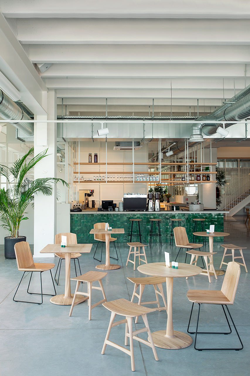 Oak-Torsion-table-Oak-Osso-stool-Oak-Facette-chair-Bistro-setting-Goode-Studio