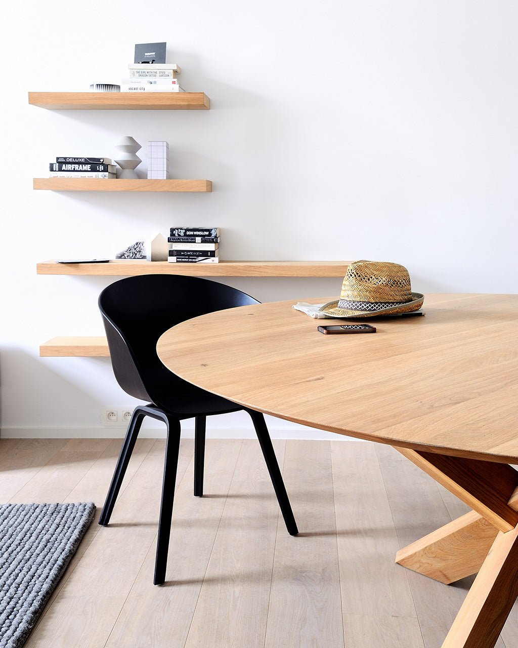 Oak-Circle-dining-table-Oak-wall-shelf-Goode-Studio