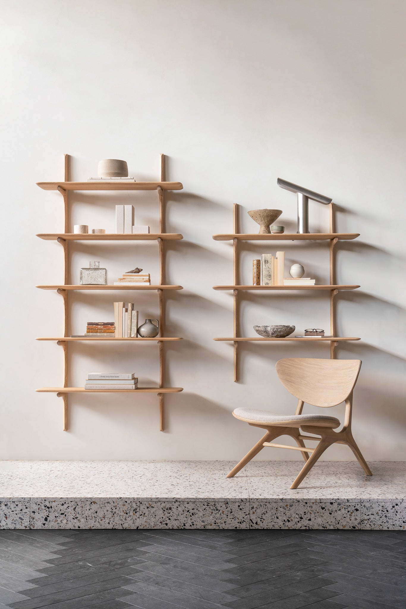 PI-wall-shelf-5-shelves-oak-PI-wall-shelf-3-shelves-oak-eye-lounge-chair-oak-off-white-Goode-Studio