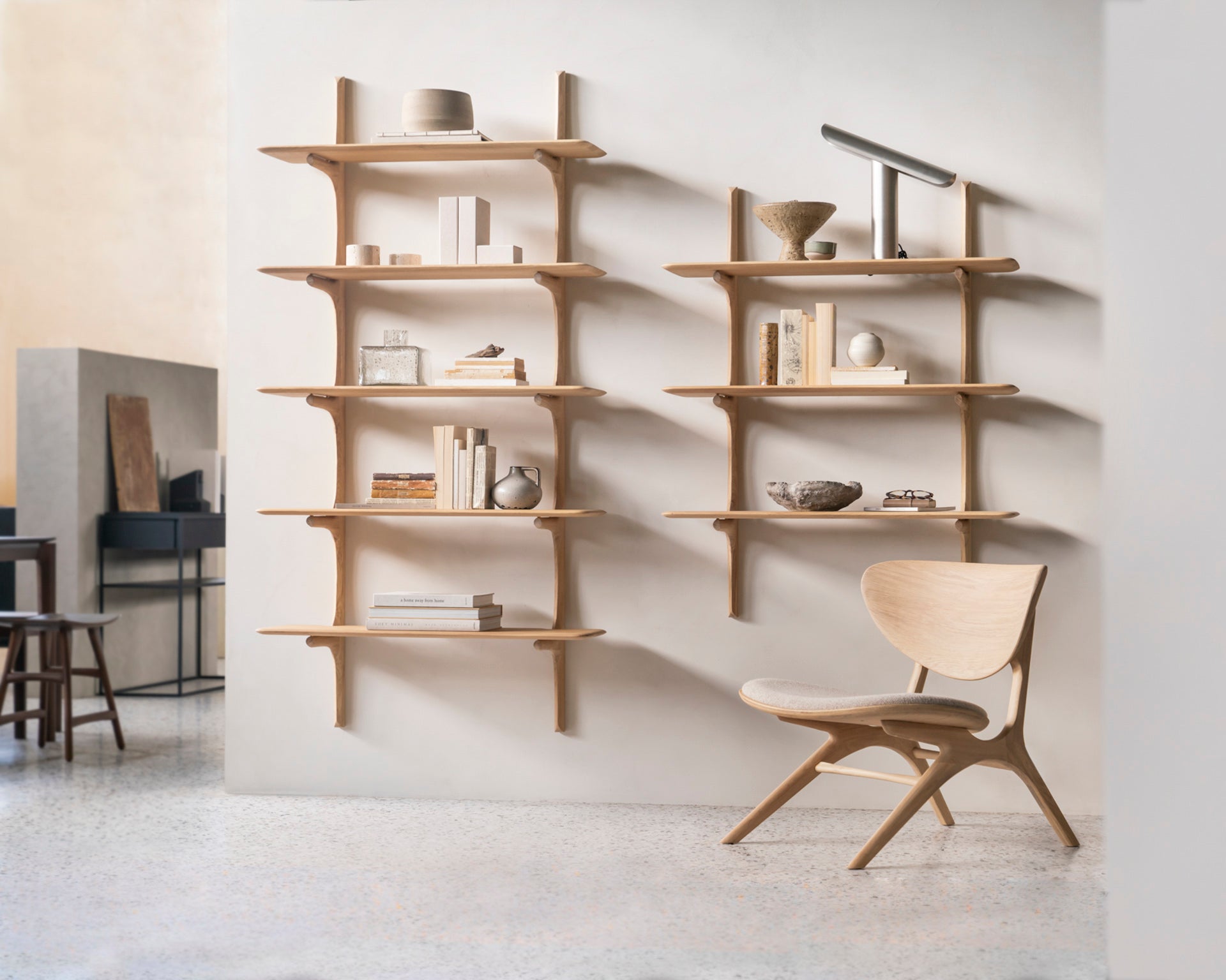 PI-wall-shelf-5-shelves-oak-PI-wall-shelf-3-shelves-oak-eye-lounge-chair-oak-off-white-Goode-Studio