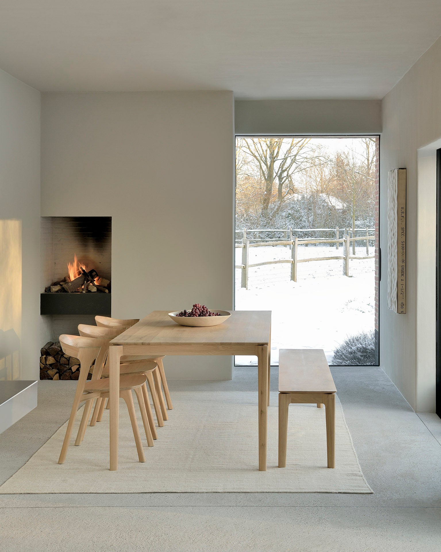 Oak-Bok-chair-Oak-Bok-dining-table-Oak-Bok-bench-Sand-Nomad-kilim-rug-Goode-Studio