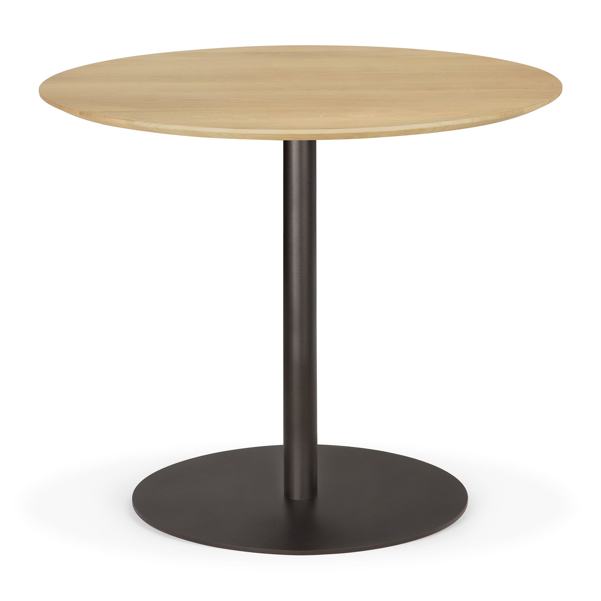 Blend-dining-table-top-varnished-oak-round-with-base-metal-Dark-Bronze-front-cut-Goode-Studio