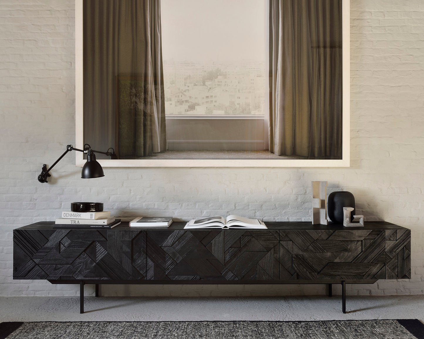 Teak-Graphic-TV-cupboard-Black-Dots-kilim-rug-Goode-Studio