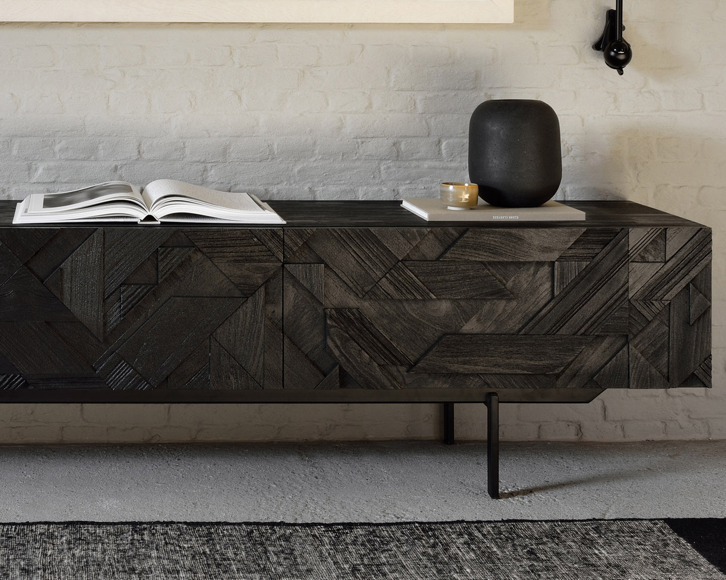 Teak-Graphic-TV-cupboard-Black-Dots-kilim-rug-Goode-Studio