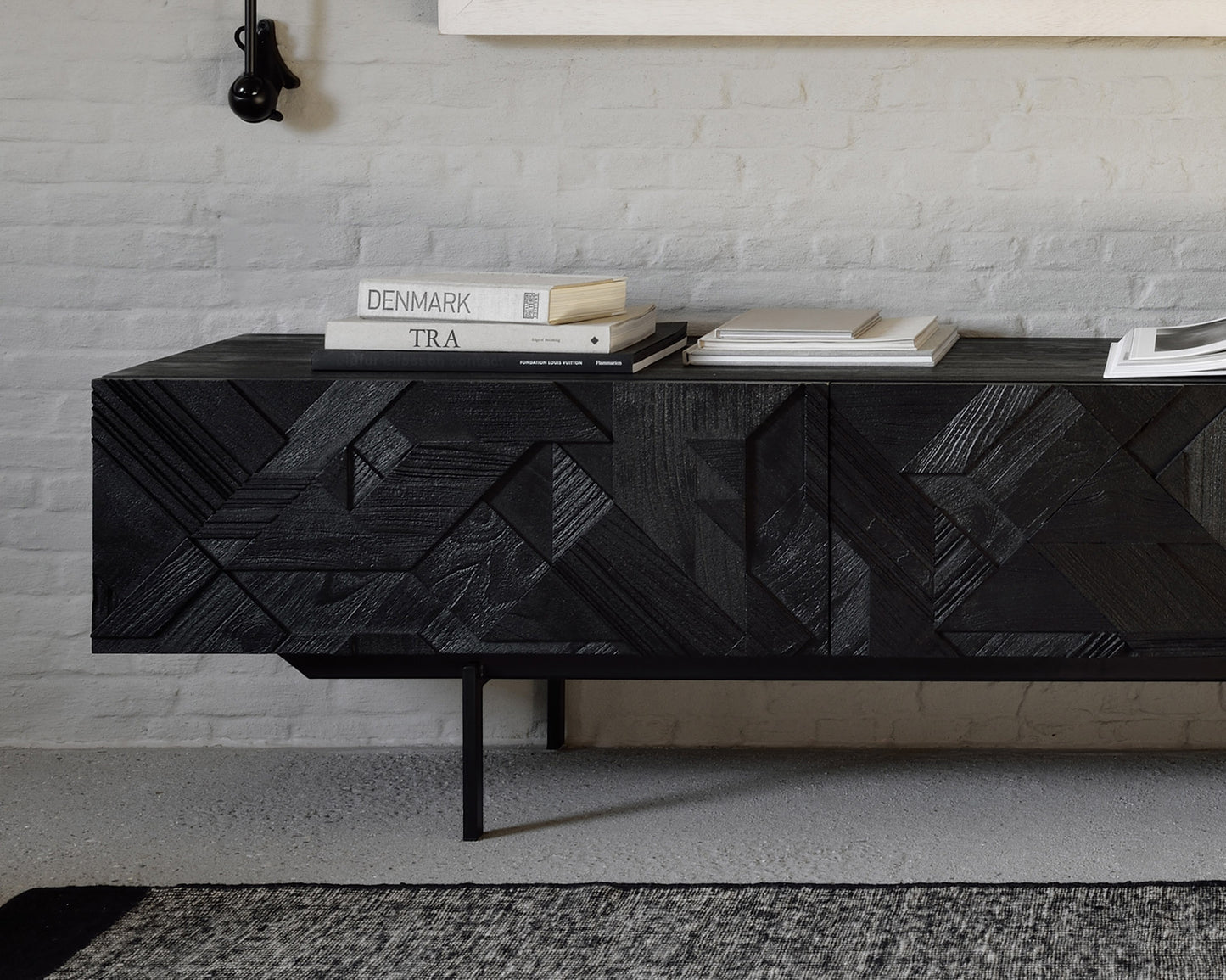 Teak-Graphic-TV-cupboard-Black-Dots-kilim-rug-Goode-Studio