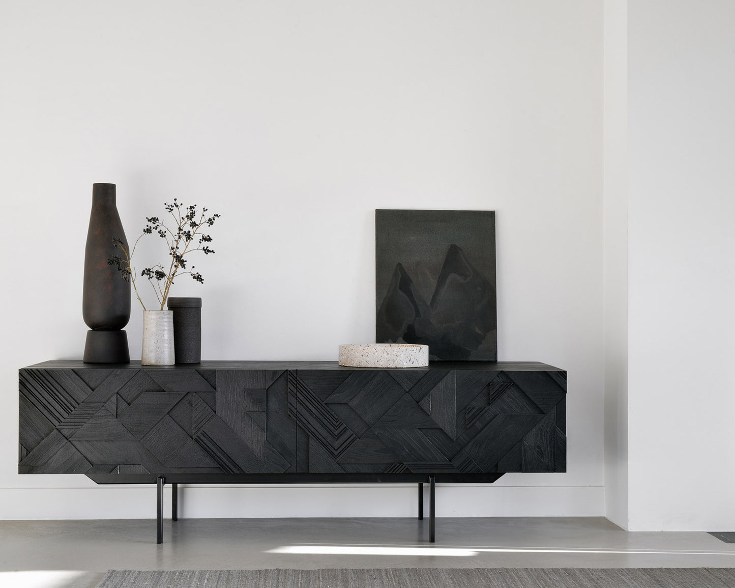 Teak-Graphic-TV-cupboard-Grey-Nomad-kilim-rug-Goode-Studio