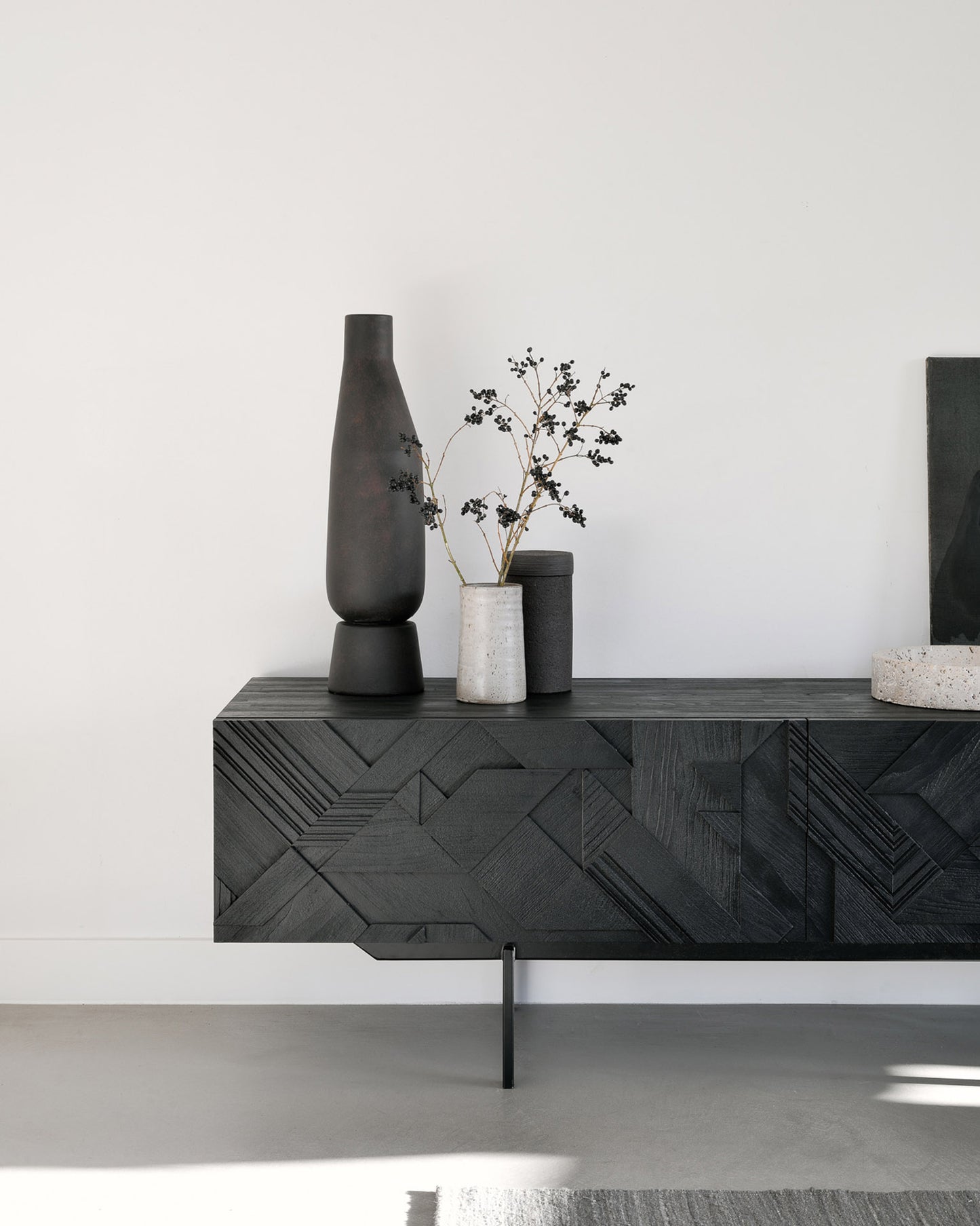 Teak-Graphic-TV-cupboard-Grey-Nomad-kilim-rug-Goode-Studio