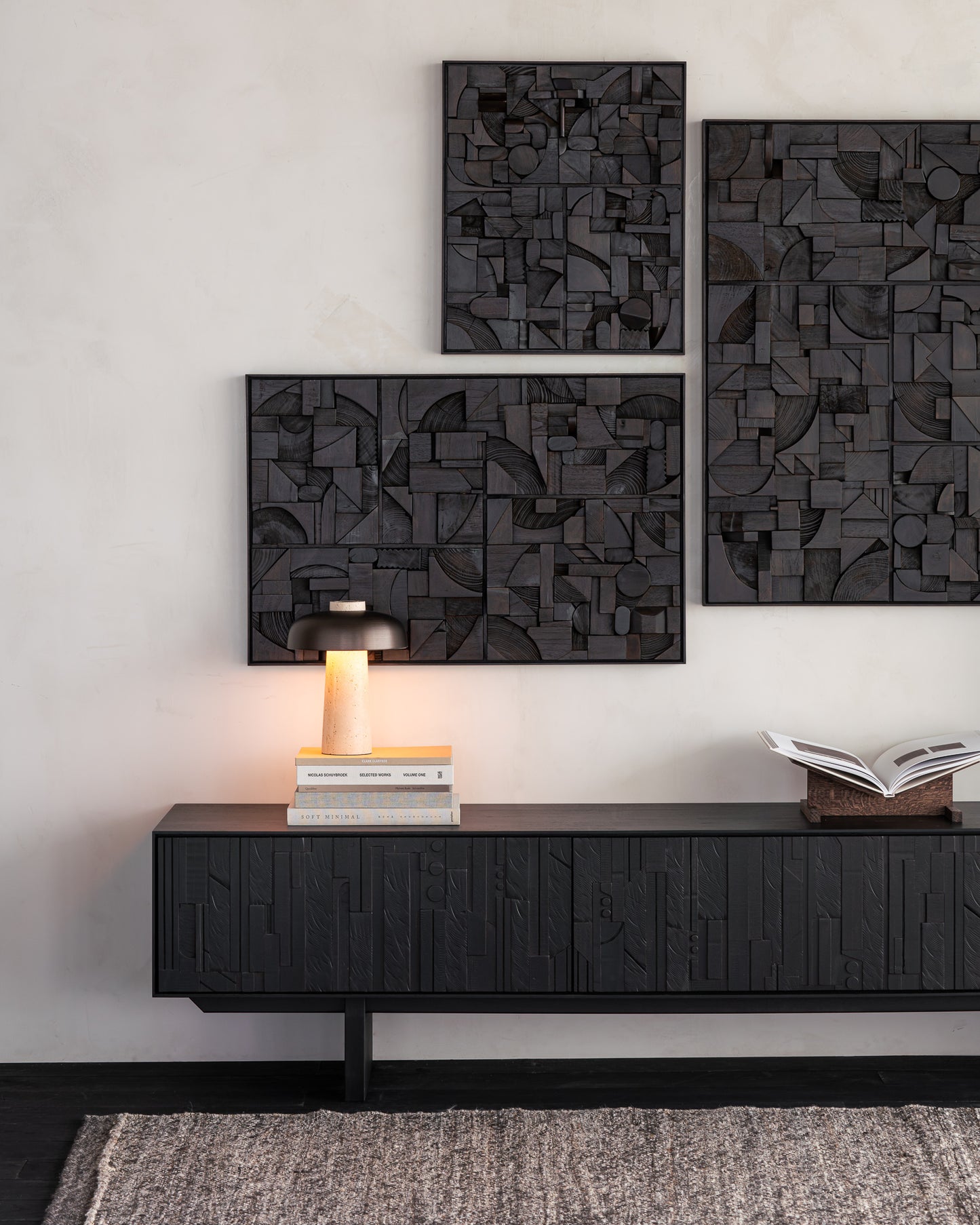 Mosaic-TV-cupboard-Bricks-wall-art-Checked-kilim-rug-Goode-Studio