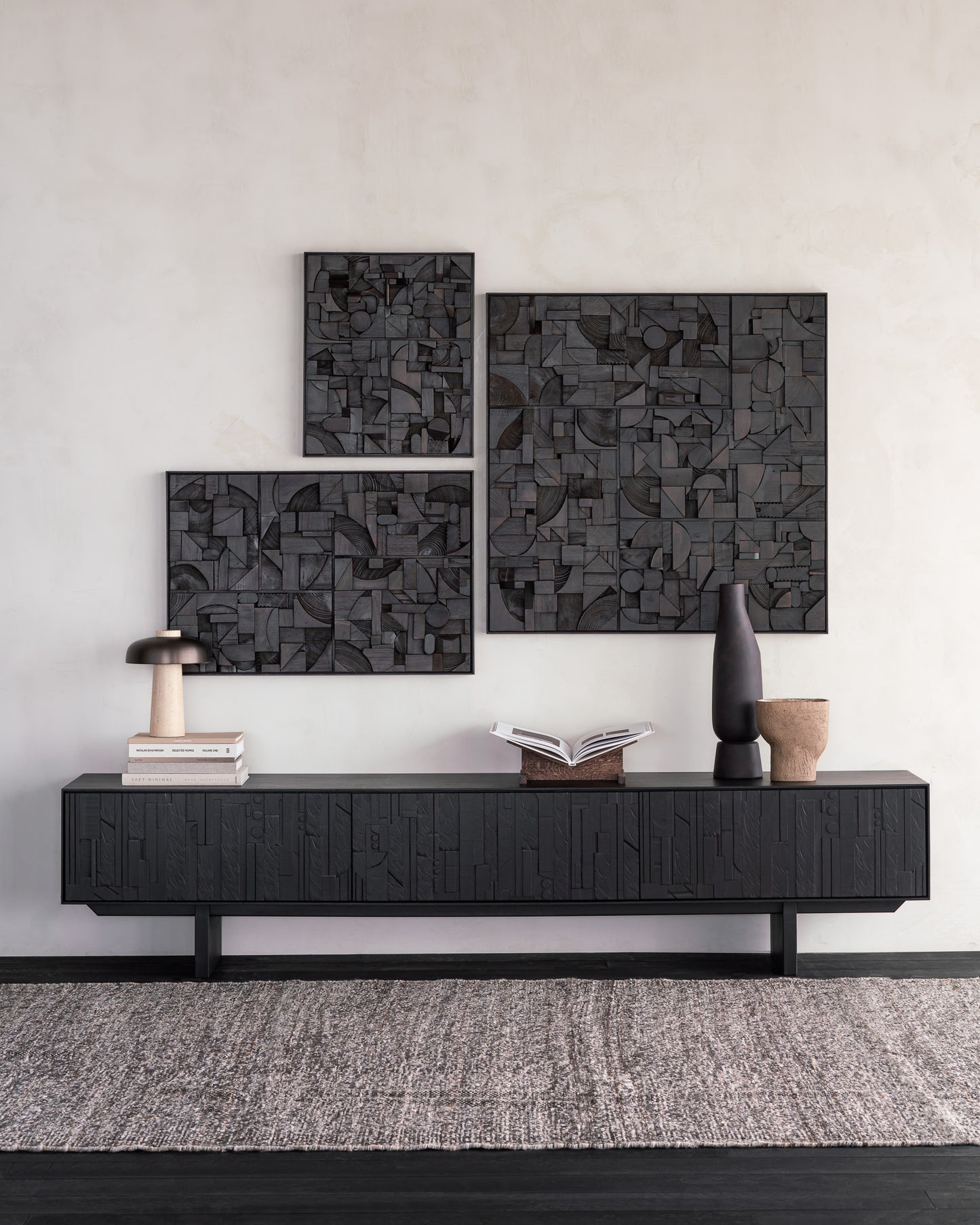 Mosaic-TV-cupboard-Bricks-wall-art-Checked-kilim-rug-Goode-Studio