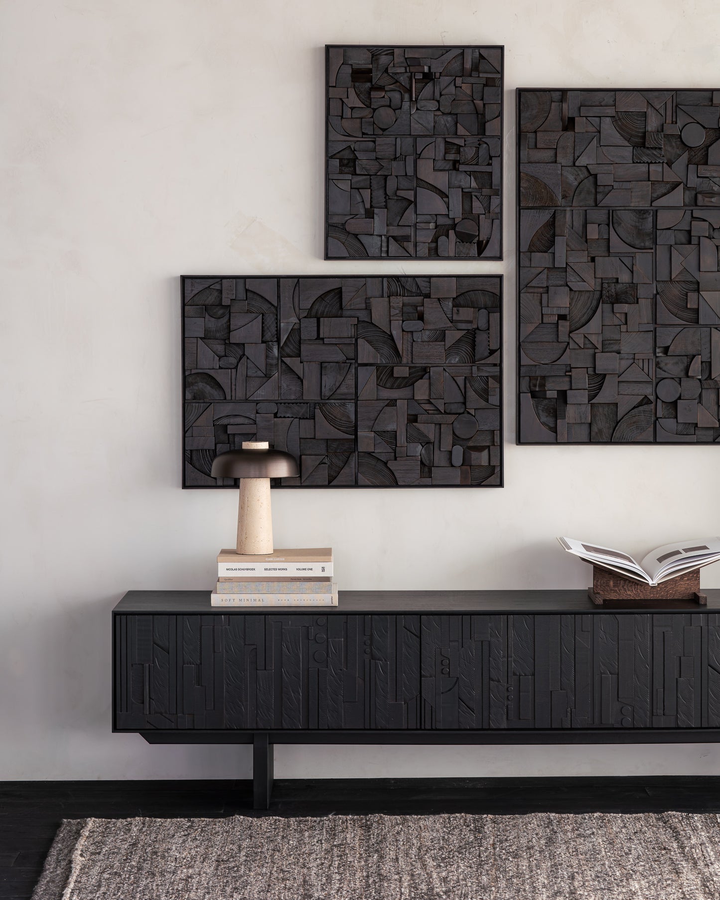 Mosaic-TV-cupboard-Bricks-wall-art-Checked-kilim-rug-Goode-Studio