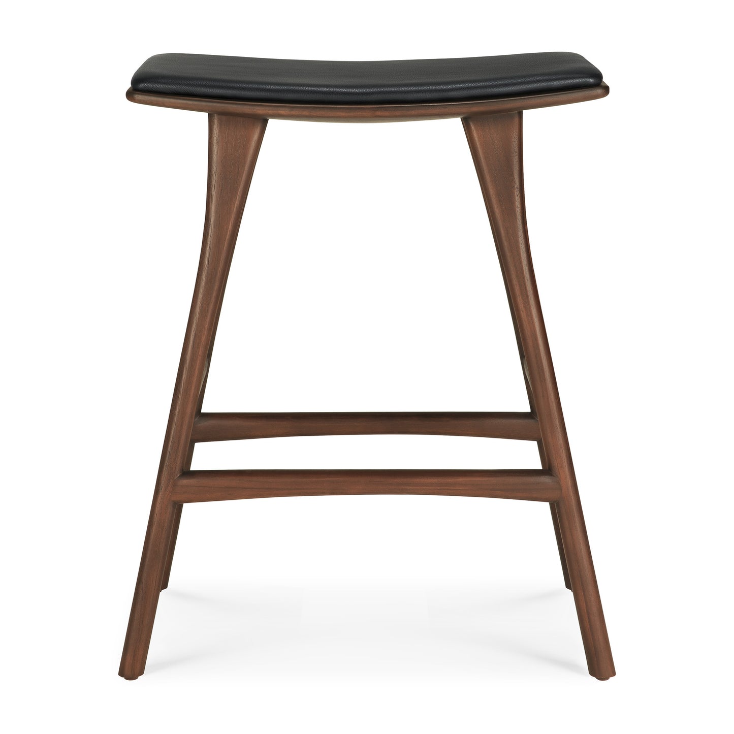 Osso-counter-stool-varnished-teak-brown-black-leather-front-cut-Goode-Studio