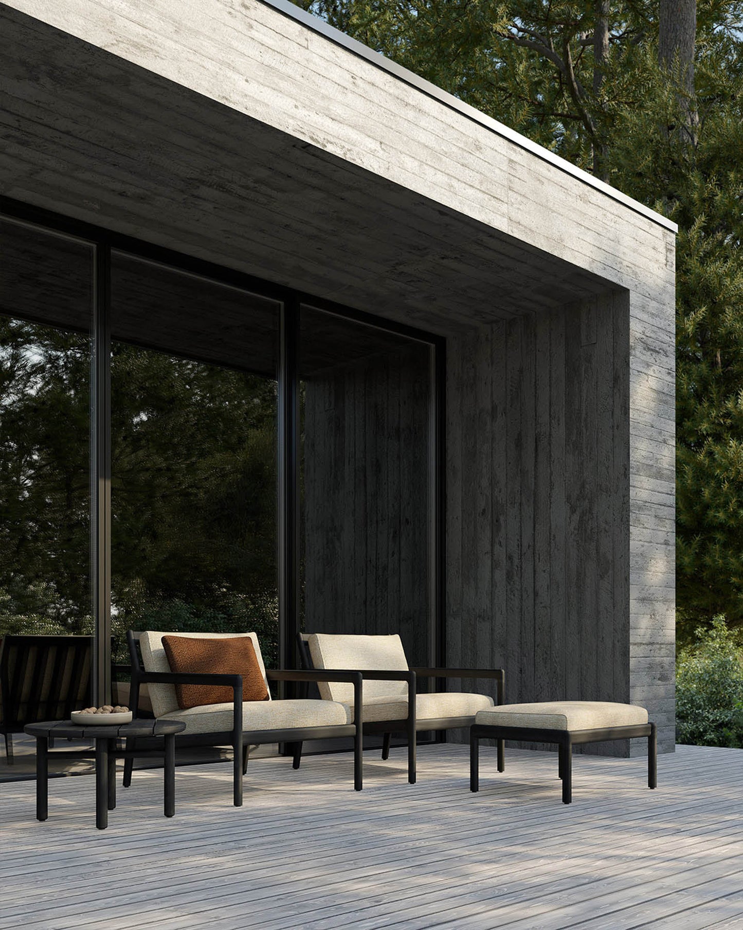 Jack-outdoor-lounge-chair-black-natural-fabric-Nomad-outdoor-cushion-marsala-Quatro-coffee-table-black-Jack-footstool-black-natural-fabric-Goode-Studio
