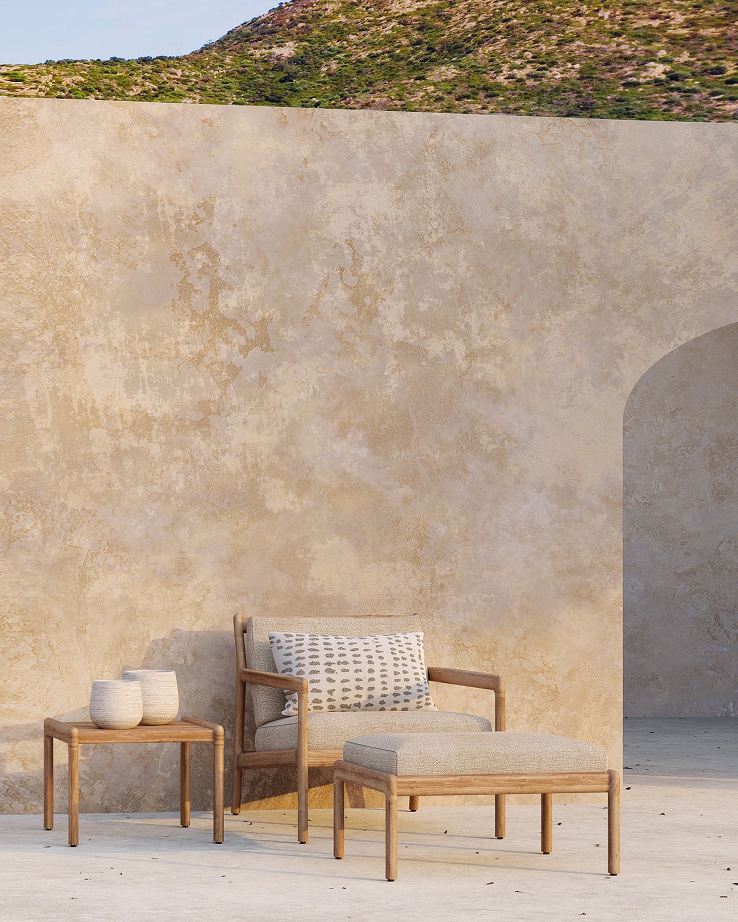 Teak-Jack-outdoor-lounge-chair-natural-Teak-Jack-outdoor-footstool-Jack-side-table-Cushion-white-dots-Goode-Studio