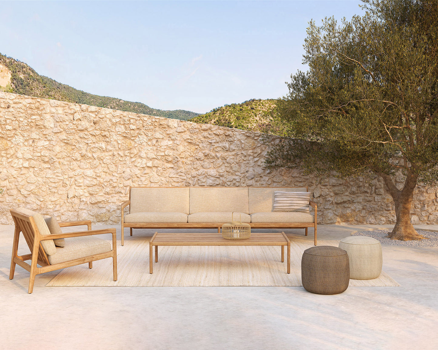 Jack-1-3-seater-natural-Jack-coffee-table-Donut-pouf-mocha-natural-Cushion-stripes-Goode-Studio