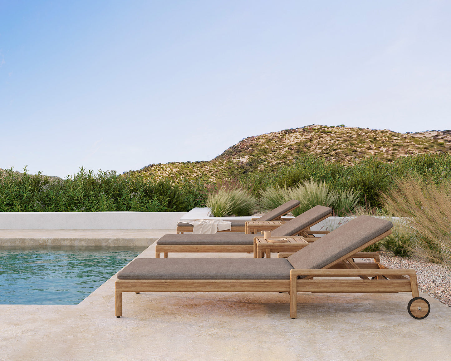 Teak-Jack-outdoor-lounger-cushion-mocha-Jack-side-table-Goode-Studio