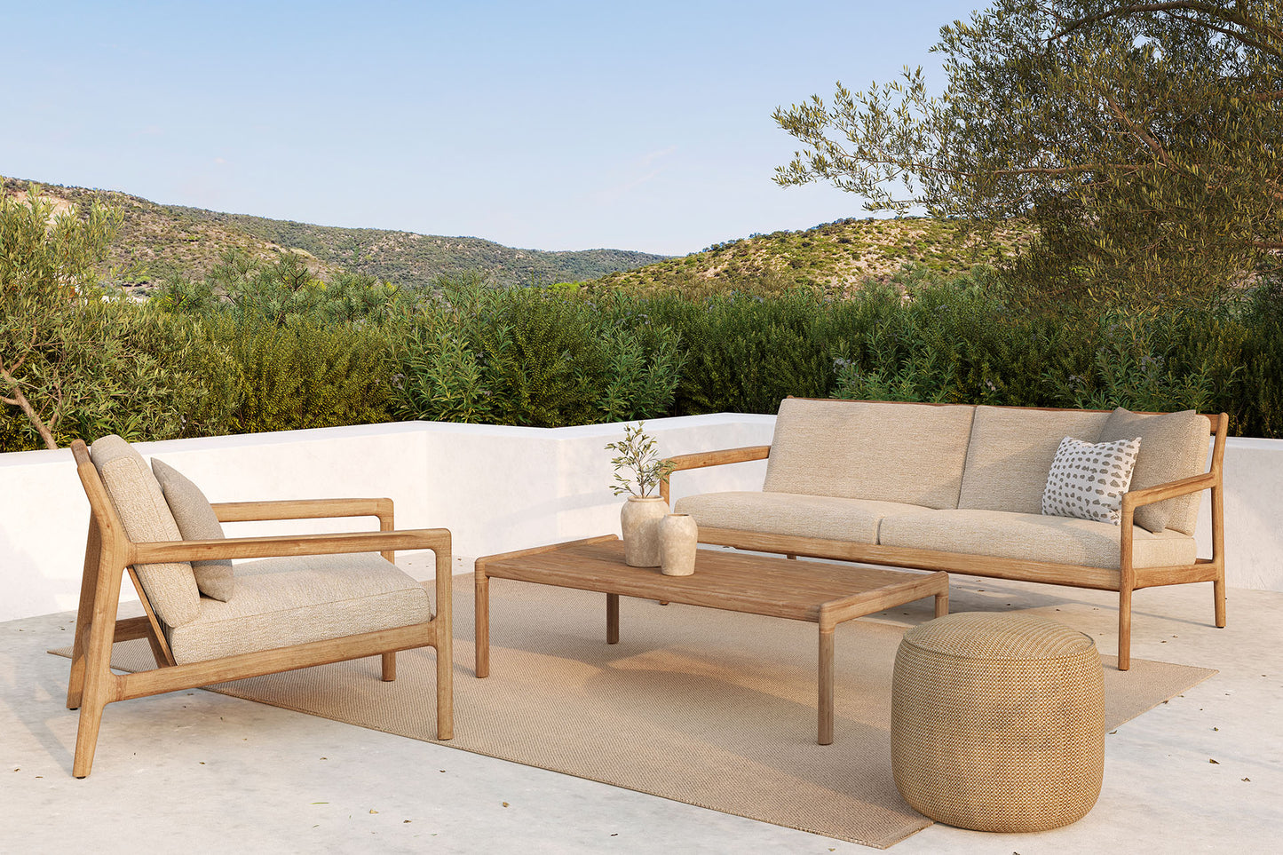 Teak-Jack-outdoor-coffee-table-sofa-natural-lounge-Nomad-indoor-outdoor-rug-Dots-cushion-Boucle-cushion-Donut-outdoor-pouf-Goode-Studio