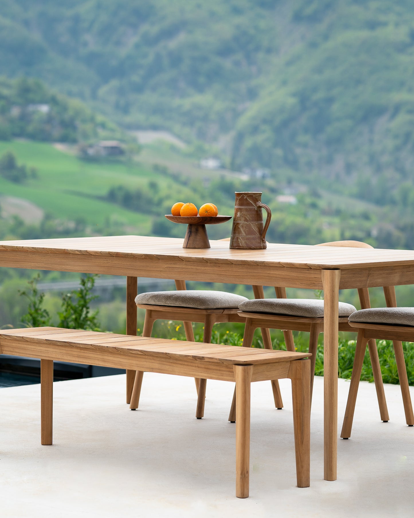 Bok-outdoor-dining-table-Bok-dining-chair-mocha-fabric-Bok-bench-Goode-Studio
